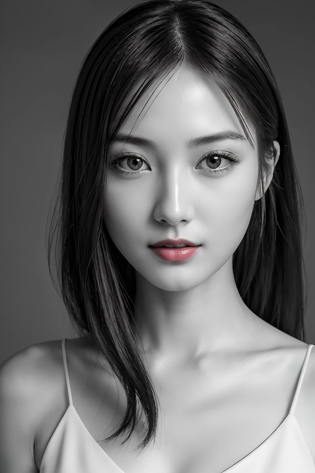 masutepiece, Best Quality, Photorealsitic, Ultra-detailed, finely detail, hight resolution, 8k wallpaper, Professional, high level of detail, ((Monochrome photography)), 1girl in, ((Facing the front)), ((Vermilion lips)), Detailed clavicle, face perfect, straight haired