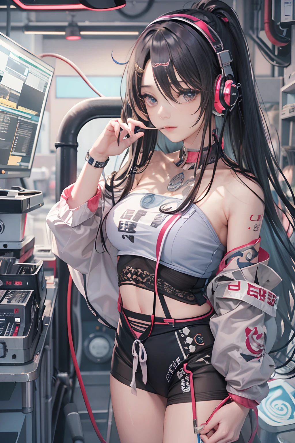 masterpiece, 1 beautiful girl, Detailed eye, Swollen eyes, top-quality, 超A high resolution, (reality: 1.4), 电影灯光, japanes, a asian beauty, very extremely beautiful, Beautiful skins, A slender, Forward-facing body, (A hyper-realistic), (hight resolution), (8K), (ighly detailed), ( Best Illustration), (beautifully detailed eyes), (ultra-detailliert), 详细的脸, Bright lighting, Professional Lighting、The background is a cyberpunk room with a large number of monitors........、The cord is connected from the costume、Long Hair Color Pink、headset on head、small tattoo on face、Female DJ、gazing at viewer
