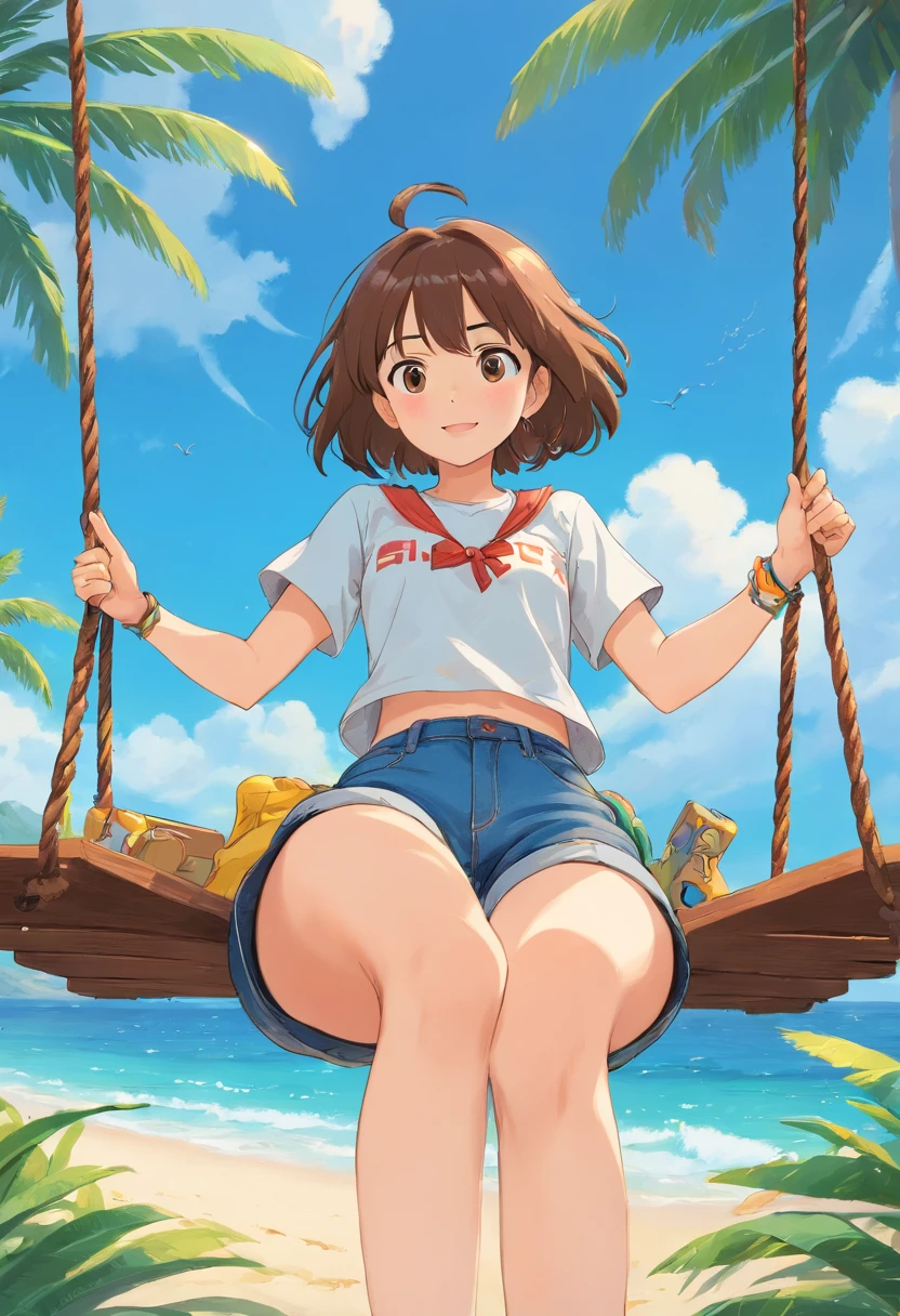 Palm trees and beach in the background, , Free, relaxed and vibrant graphics, the moving visual effects, ,short sleeved top, Denim shorts, A girl on a swing,(Stretch out two fingers to make Biye's gesture)
