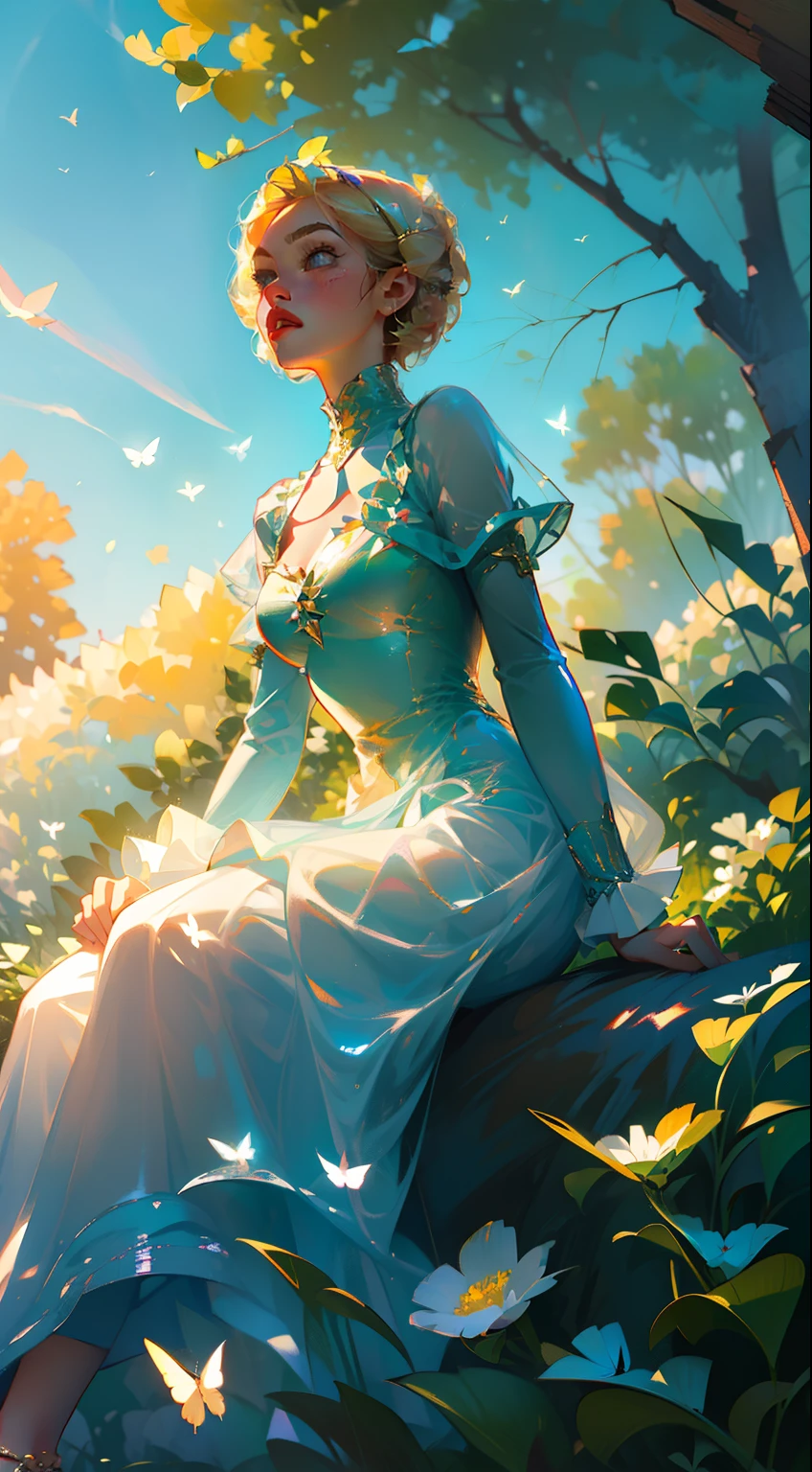 ((Superior quality, portraits, masterpieces, 8K wallpapers: 1.3)), girl with short wavy blonde hair (((SHORT HAIR))), blue eyes like diamonds, sitting under a tree, butterflies surrounding her, golden hour, perfect shadows and scolding through the trees. Covered dress, light blue Victorian with ruffles and jewelry. Kim Kardashian face.