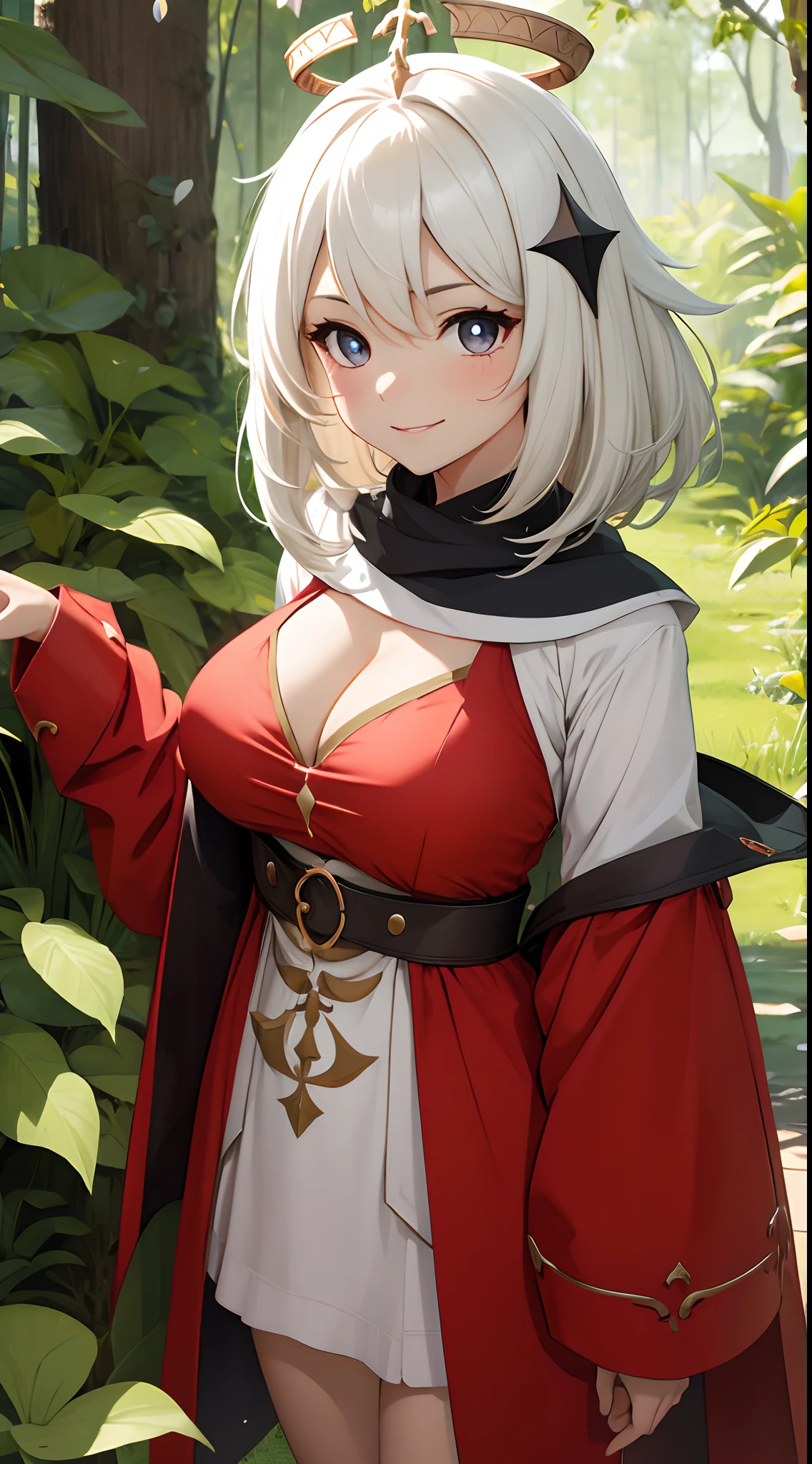 one-girl，the original god，Paimon，cleavage，Be red in the face，Close-up shot，sportrait，looks into camera，ssmile，red clothes，mediuml breasts，jungles，grass field