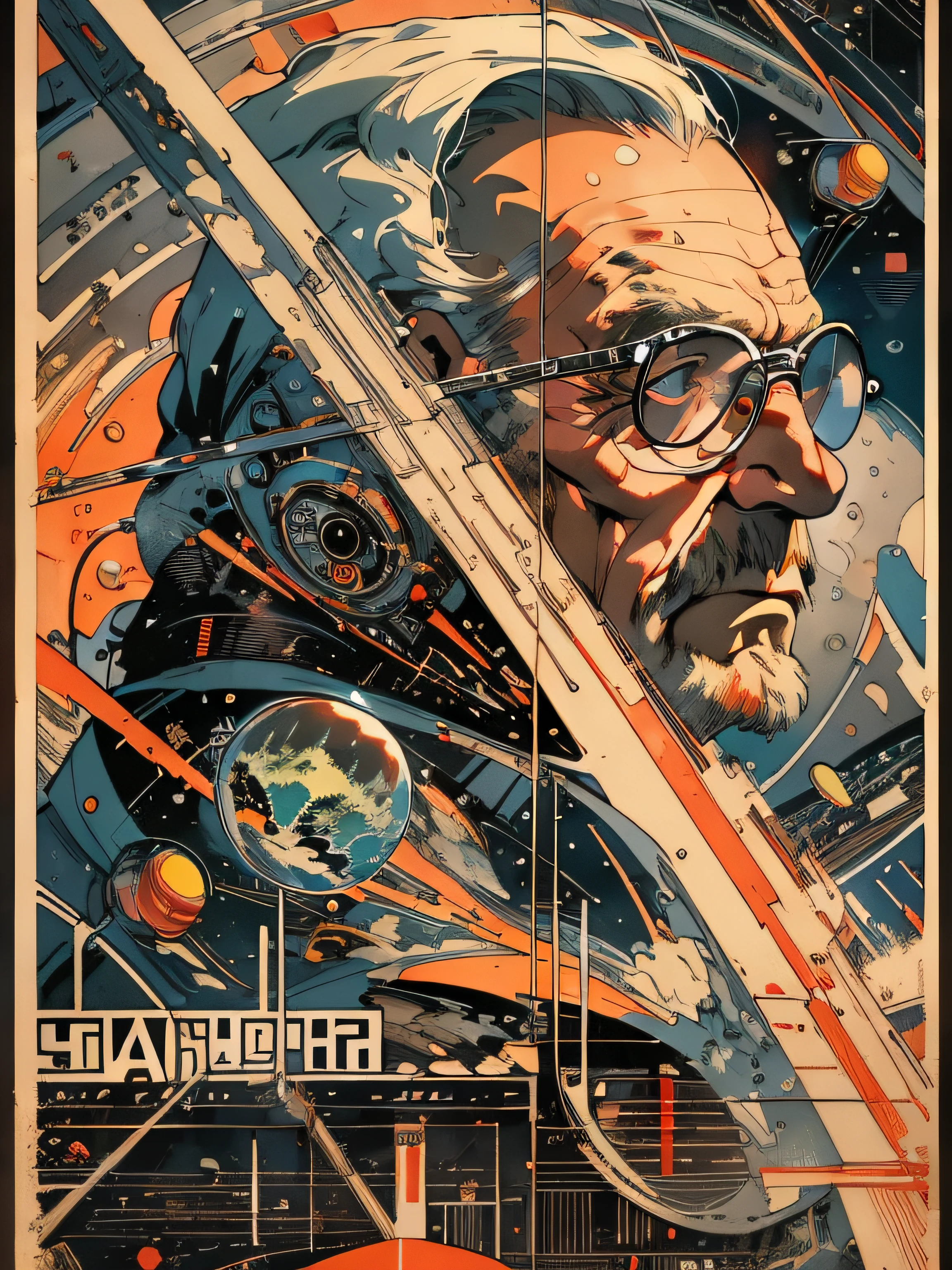 (Masterpiece, Best Quality), 8k Wallpaper, highly detailed, poster, vintage science fiction, 1960s, male and female, old man, space thriller cinematic movie poster, Bauhaus, shapes, lines, abstract, propaganda, mid century modern, movie poster, vintage,