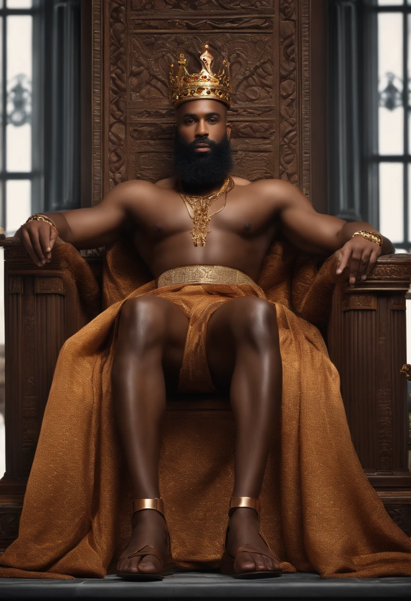 brown skinned King,physically well built, sitting on throne,crown,short beard,bald,business atire
