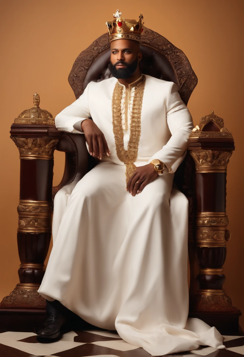brown skinned King,physically well built, sitting on throne,crown,short beard,bald,business atire