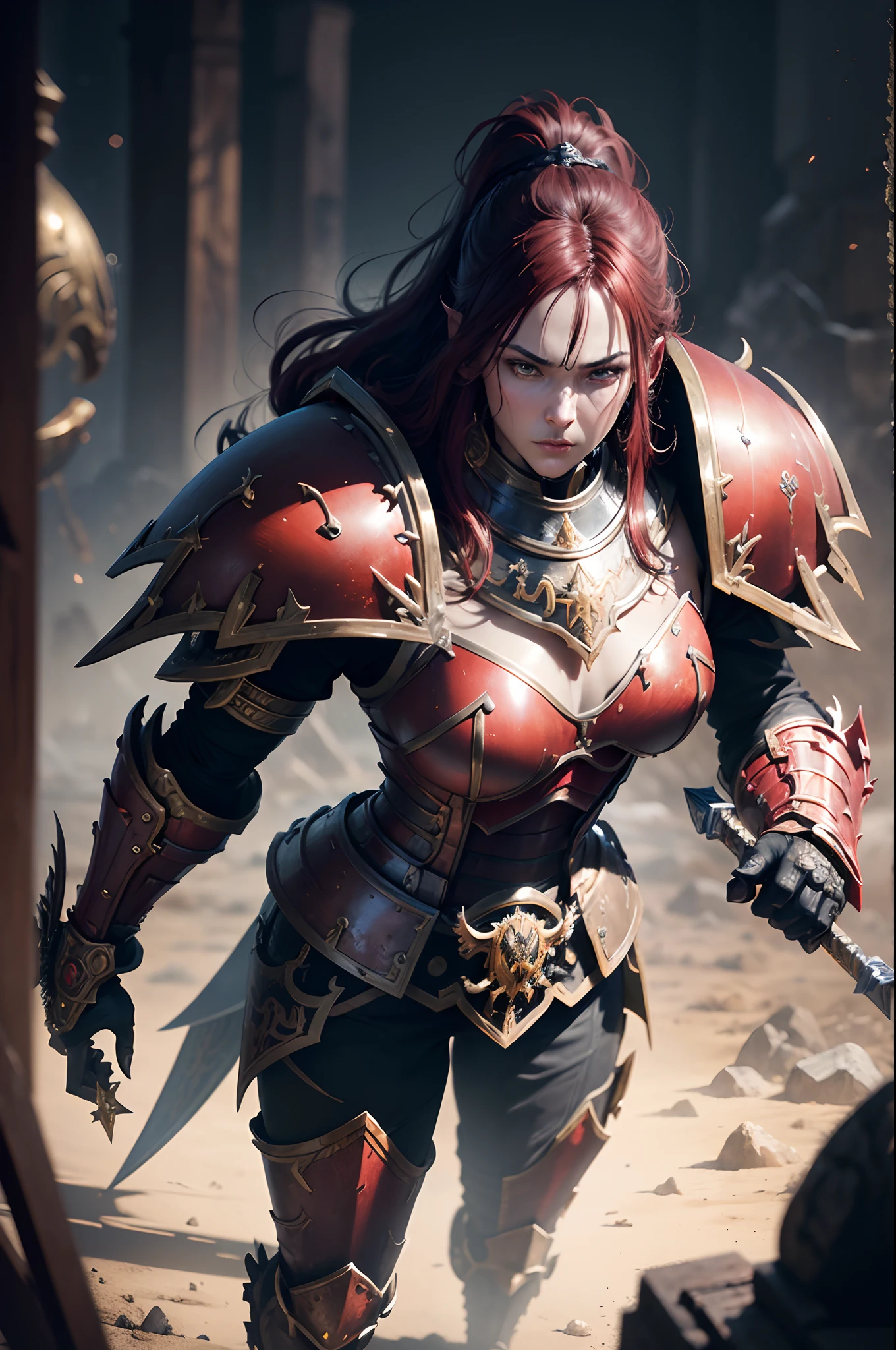 8K分辨率(full body Esbian:1.3)shots、splashart、Great cartoon style、Photorealistic and intense look、Fearless face,Anatomical Photorealistic Digital Painting(Adult male:1.3)Human portrait(AS-Adult:1.3)Red and gold complex(heavily armored:1.3)with the(Dark and moody universe:1.3)、light particules、highlydetailed skin、samurais、extremely detailed eye、 (Elden Ring-style:1.1)、(warhammer style:1.3)、Concept Artist、globalillumination、depth of fields、splashart、art by:ArtGerm、by Greg Rutkowsky、viktoria gavrilenko,Big Sword Details