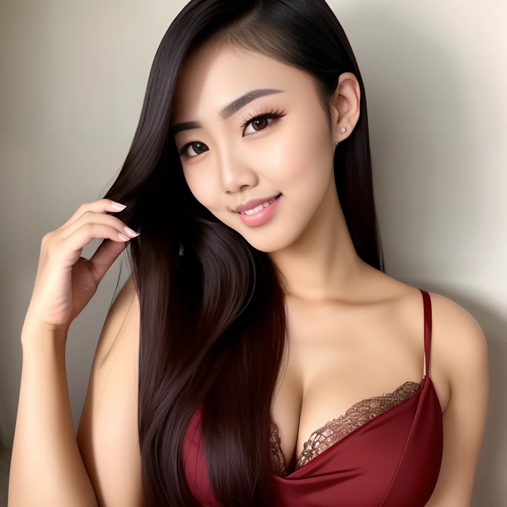 Ezlin Yolla Amalia, Indonesian Model (Beauty, Validate skin, .Body Slim), Long hair, Thick pointed eyebrows, big round eyes, chubby dimpled cheeks, wide thin wet lips, neat teeth, sharp split chin, sexy breast