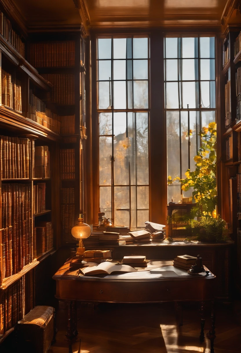 Ink wind,Interior of the library tube,On the desk were open books,A ray of sunlight shines through the window on the desk
