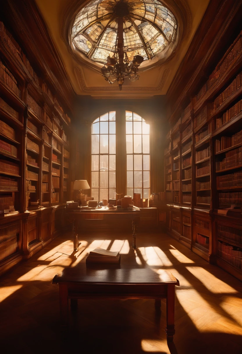 Ink wind,Interior of the library tube,On the desk were open books,A ray of sunlight shines through the window on the desk