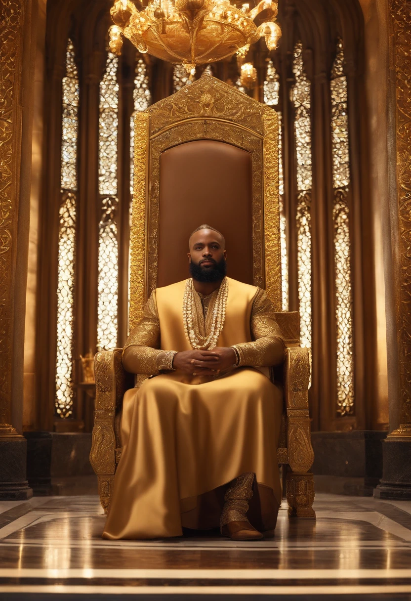 A man in white Candomblé clothes, with several candomblé necklaces around his neck, sitting on a large chair. There are 2 drums on the left side and on the right side several images of exus and pombagiras.