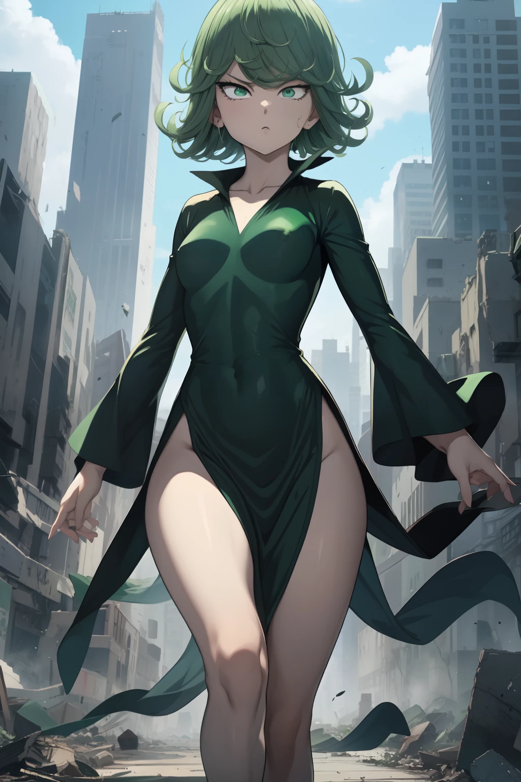 Generate a image of Tatsumaki from one punch man, short green hair, green eyes,
Small chest, (fitting V-neck black dress with a high collar, long sleeves, and four high-cut leg slits), joyful expression, standing in a destroyed city, dynamic pose, dynamic view.