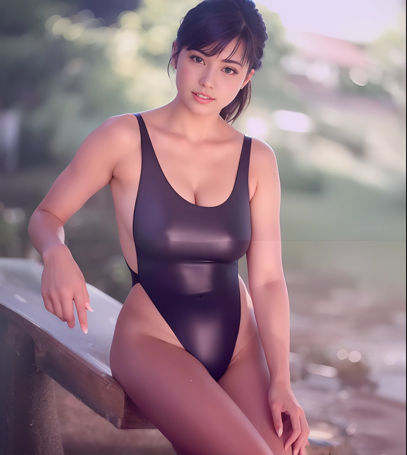 16k, ultra high res, best quality, high quality, masterpiece:1.3), (a professional photo of girl), RAW photo, realistic illustration, (ultra detailed eyes and face), (ultra detailed beautiful skin), (full body shot), elegant sleek smooth body, sultry body, perfect body, attractive body, photorealistic perfect body, Petite facial features, Super Detail Beautiful Natural Skin, natural makeup, (black hair), narrow waist, ((slender)), (wide hips), cleavage, (black hair), she is very sexy, she is cute and beautiful, skinny waist and thick hips, curvy figure, attractive body, curvy model, smile, (full body shot), ((slender)), sexy look, there is a woman in a black swimsuit sitting on a bench, wet swimsuit, cute girl wearing tank suit, is wearing a swimsuit, realistic young gravure idol, in retro swimsuit, wearing leather swim suite, sophisticated gravure idol, young sensual gravure idol, swimsuit, young pretty gravure idol, realistic sensual gravure idol, young gravure idol