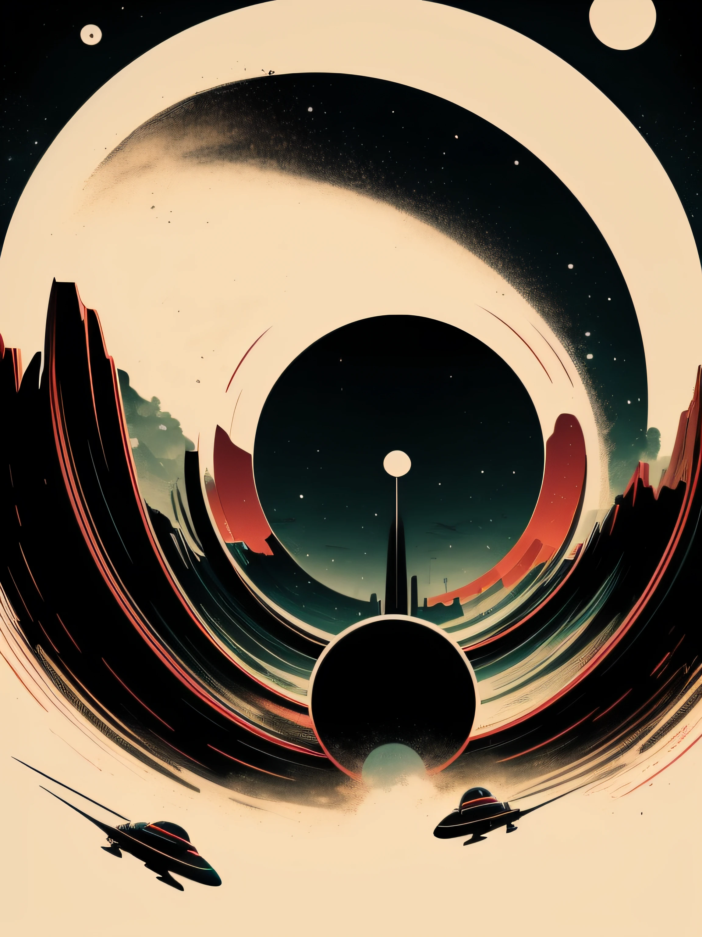 (Masterpiece, Best Quality), 8k Wallpaper, highly detailed, poster, vintage science fiction, 1960s, sexy female space thriller cinematic movie poster, Bauhaus, shapes, lines, abstract, propaganda, mid century modern, movie poster, vintage, epic illustration, vector, 2d illustration, black background, very colorful, full gradient modern colors, Focused, front view