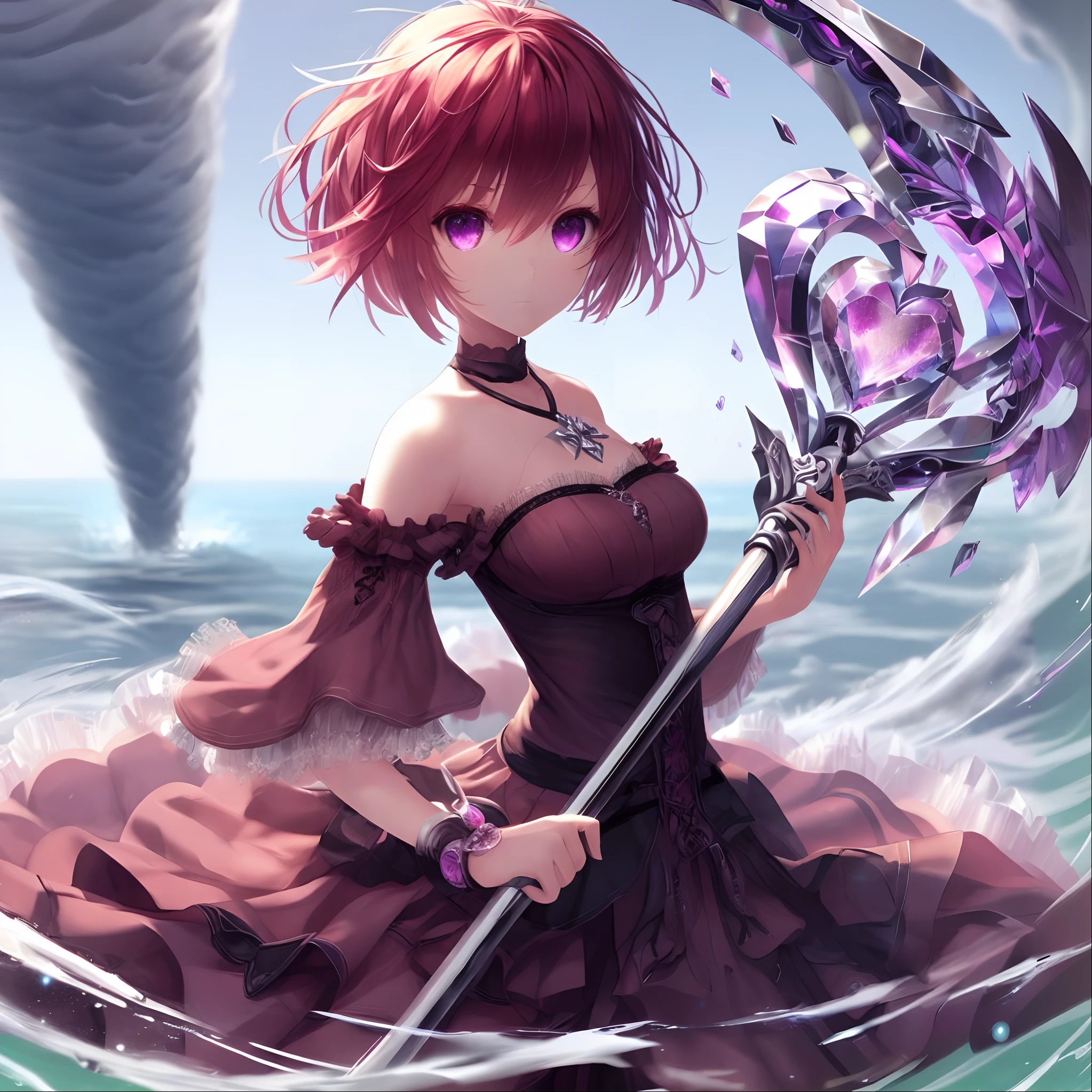 fullbody dynamic shot, girl, short red hair, pink fringe, purple eyes, smirk, beautiful long brown dress, silver heart becklace, crystallized huge magic scythe, at the ocean, casting magic with scythe, two giant tornadoes, magical scene, shadows, shade, masterpiece, best quality, ultra detailed everything, trending on pinterest, ultra hd, sharp focus, digital art