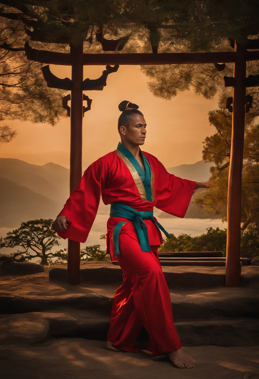 (mejor calidad, obra maestra), 1 hombre adulto medio, parte superior del cuerpo, pose de kung fu, serio, sereno, inmaculado, Mountains, templo budista, kimono turquesa y rojo, pantalones rojo y turquesa, moreno, barba 3 dias, cara afilada, mirando al espectador, cabello ondulado, cabello largo, pony tails, aura de ki, sol, mountains, flujo de aire, flujo de fuego