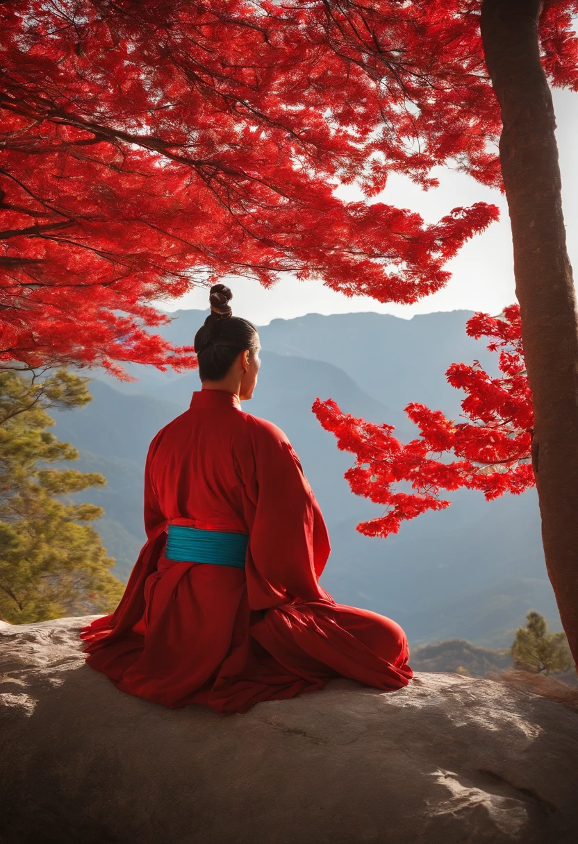 (mejor calidad, obra maestra), 1 hombre adulto medio, parte superior del cuerpo, pose de kung fu, serio, sereno, inmaculado, Mountains, templo budista, kimono turquesa y rojo, pantalones rojo y turquesa, moreno, barba 3 dias, cara afilada, mirando al espectador, cabello ondulado, cabello largo, pony tails, aura de ki, sol, mountains, flujo de aire, flujo de fuego