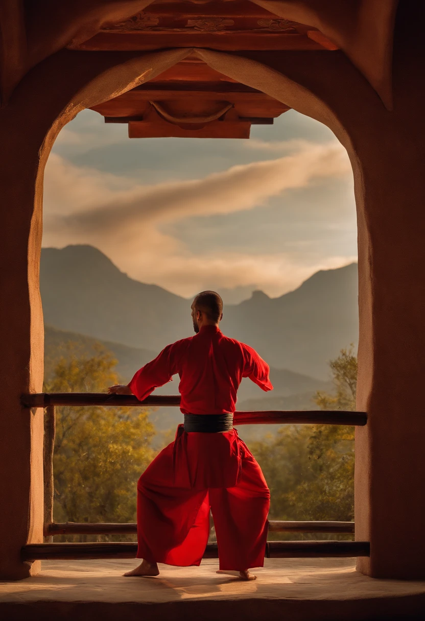 (mejor calidad, obra maestra), 1 hombre adulto medio, parte superior del cuerpo, pose de kung fu, serio, sereno, inmaculado, Mountains, templo budista, kimono turquesa y rojo, pantalones rojo y turquesa, moreno, barba 3 dias, cara afilada, mirando al espectador, cabello ondulado, cabello largo, pony tails, aura de ki, sol, mountains, flujo de aire, flujo de fuego