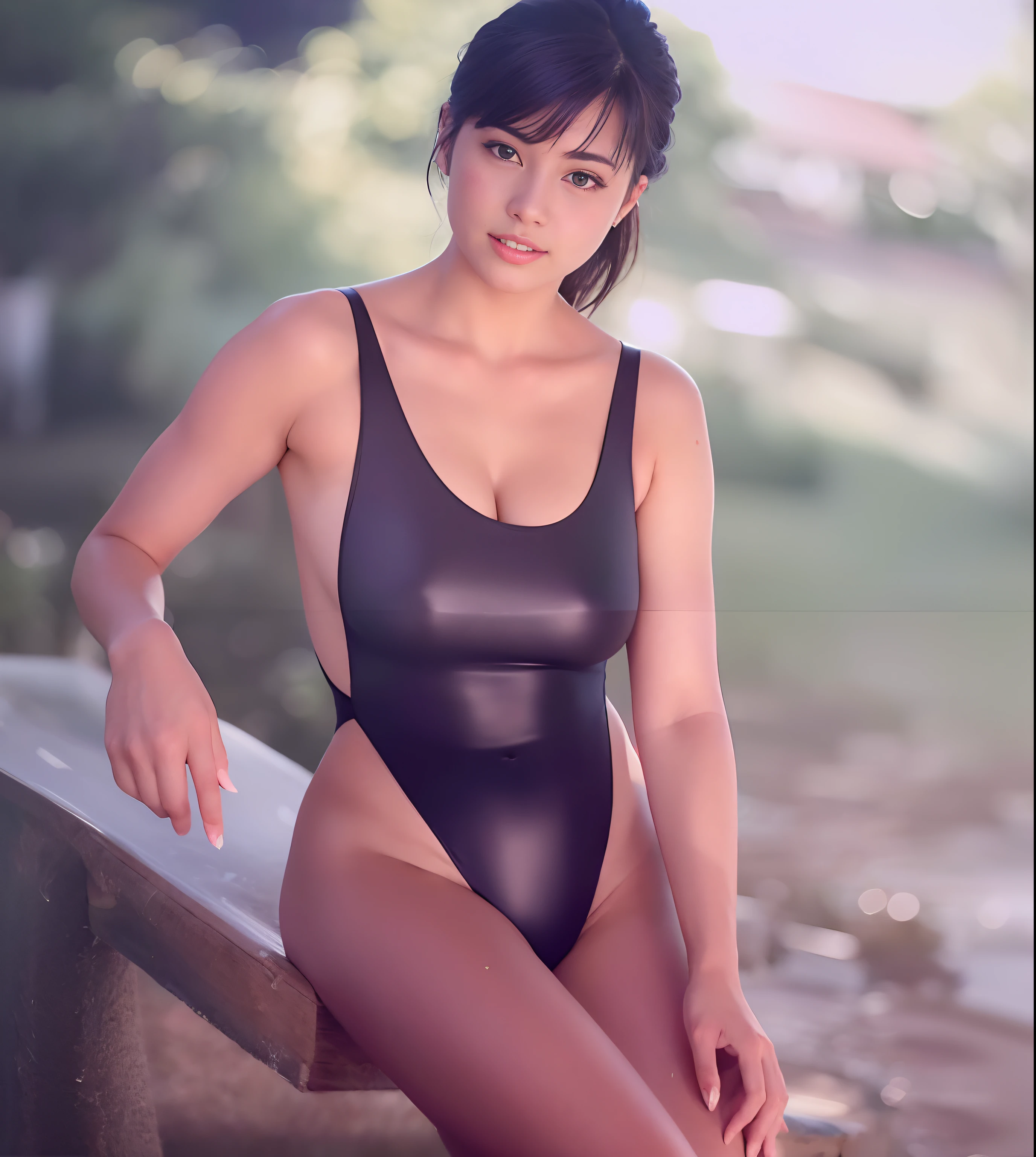 16k, ultra high res, best quality, high quality, masterpiece:1.3), (a professional photo of girl), RAW photo, realistic illustration, (ultra detailed eyes and face), (ultra detailed beautiful skin), (full body shot), elegant sleek smooth body, sultry body, perfect body, attractive body, photorealistic perfect body, Petite facial features, Super Detail Beautiful Natural Skin, natural makeup, (black hair), narrow waist, ((slender)), (wide hips), cleavage, (black hair), she is very sexy, she is cute and beautiful, skinny waist and thick hips, curvy figure, attractive body, curvy model, smile, (full body shot), ((slender)), sexy look, there is a woman in a black swimsuit sitting on a bench, wet swimsuit, cute girl wearing tank suit, is wearing a swimsuit, realistic young gravure idol, in retro swimsuit, wearing leather swim suite, sophisticated gravure idol, young sensual gravure idol, swimsuit, young pretty gravure idol, realistic sensual gravure idol, young gravure idol