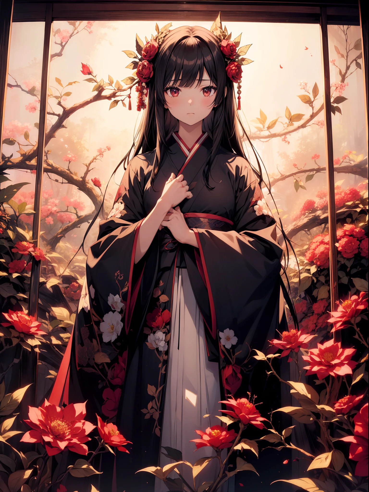 1 girl , standing in front of flowers hedge and  Thorns,character focus , (front), black hair,Japanese clothing, background full-view flowers hedge and Thorns  ,upper body ,high resolution,(incredibly absurdres),anime visual,extremely detailed CG unity 8k wallpaper, ((masterpiece)), ((top-quality)), (beautiful illustration), ((an extremely delicate and beautiful))