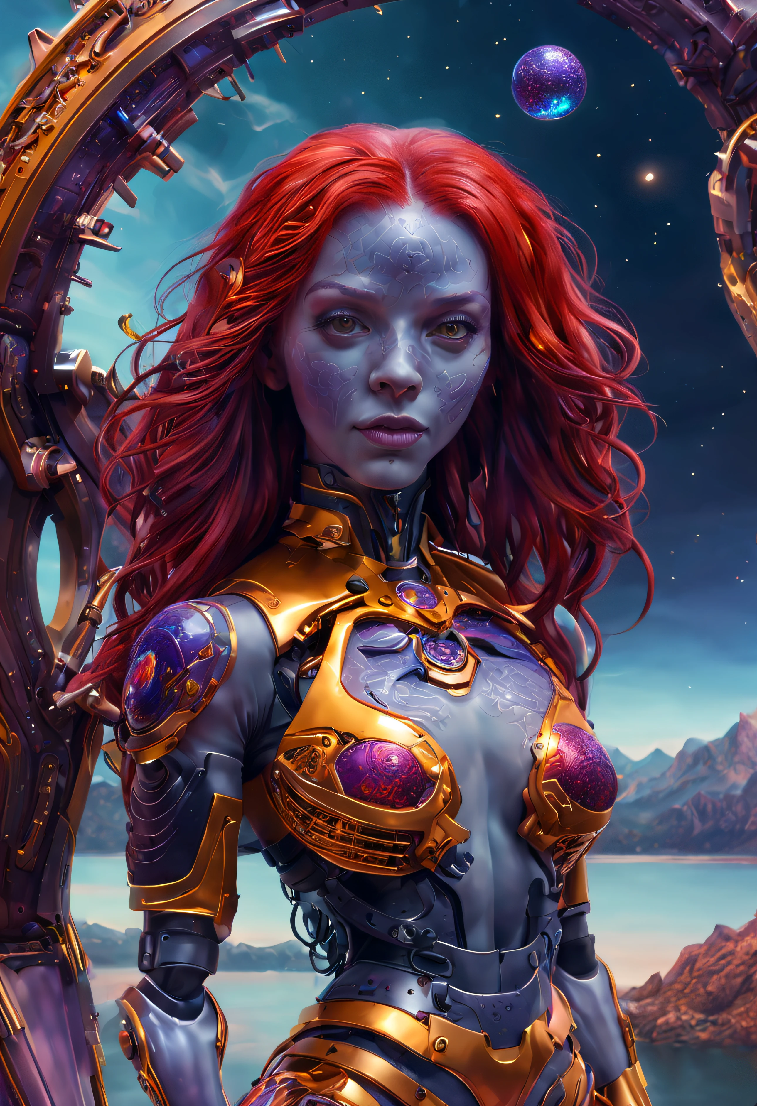 Beautiful 25-year-old full-length monster girl with red hair and purple skin floats over water, ，Straight red hairstyle，hairlong, It is located in the center, A lake with mountains in the background, Spheres with fractal patterns around, ciberpunk, Fractal design in the background, Futuristic, the golden ratio, 3D тесселяция металлоконструкций , Neuronal graph, Neurons, Colors: purple and gold, Love, passion, oil on canvas, Thick brush strokes, Stunningly detailed, 8K, Masterpiece, Artstation, surreal, Masterpiece, Realistic, Realism, photo realism, High contrast, photorealistic digital art in trend for art station 8K HD High Definition Detailed Realistic, Detailed, skin texture, hyper detailed, realistic skin texture, bronya, Best Quality, extra high resolution, , High Resolution, Detailed, RAW photo, Nikon D850 Film Stock Photo 4 Kodak Portra 400 Camera F1.6 lenses, saturated colors, hyper realistic texture, dramatic  lighting, UnrealEngine trend in Cinestill 800 art station, neon lights, Cybernetic finitude