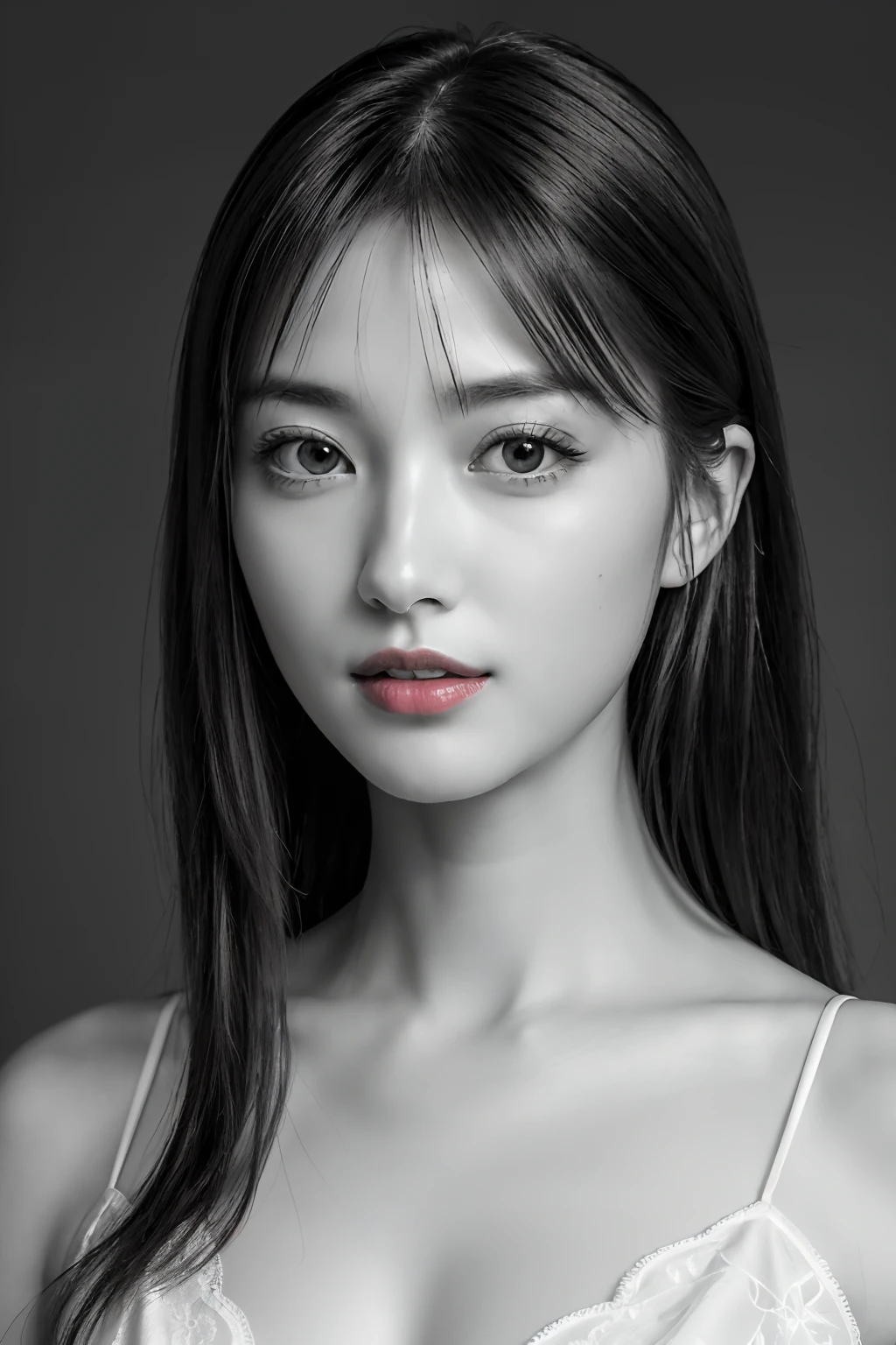 masutepiece, Best Quality, Photorealsitic, Ultra-detailed, finely detail, hight resolution, 8k wallpaper, Professional, high level of detail, ((Monochrome photography)), 1girl in, ((Facing the front)), ((Vermilion lips)), Detailed clavicle, face perfect, straight haired