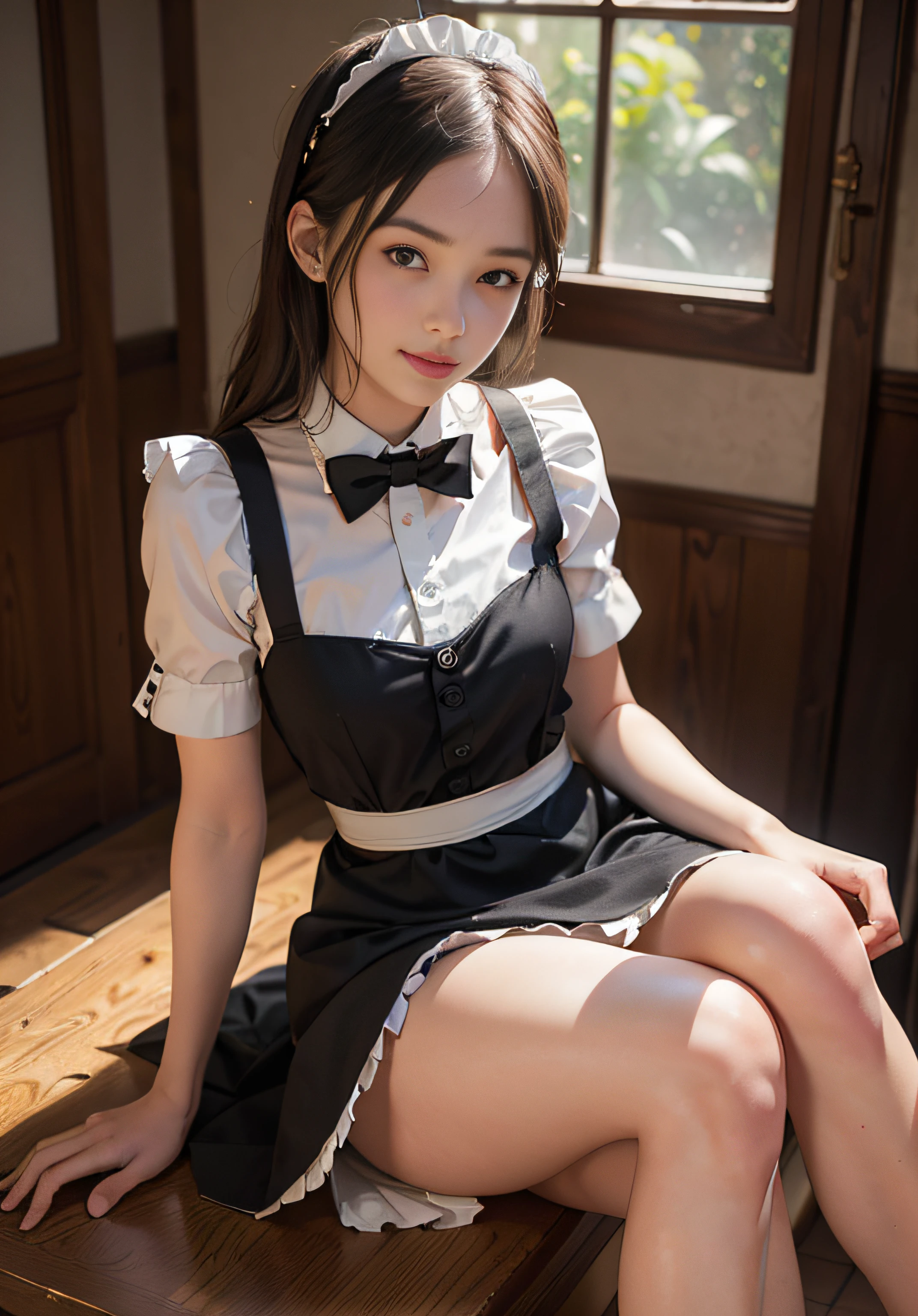 (8K, Raw photo, Best Quality, masutepiece:1.2), high-definition RAW color photography, professional photograpy, (Realistic, photographrealistic:1.37), ((Best Quality)), 20 year old woman, Cinematic Light, (finerly detailed face:1.2), (masutepiece:1.5), (Best Quality:1.2), (Mole:0.5), (Smiling:0.9), (Looking at Viewer:1.2), Sit with M-shaped legs, Wrinkled white panties, bowtie, (Detailed Maid:1.2),Slender and beautiful legs