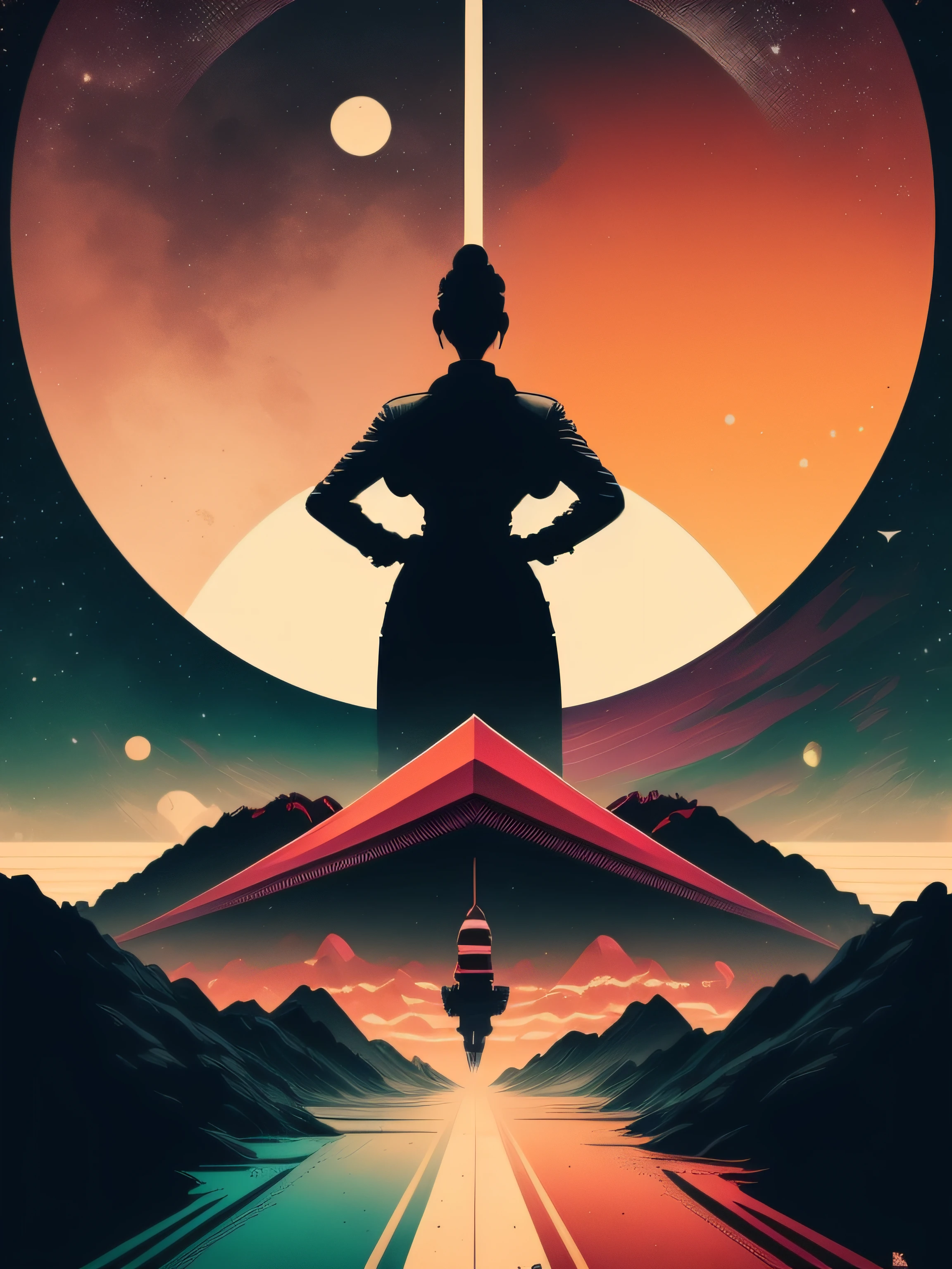 (Masterpiece, Best Quality), 8k Wallpaper, highly detailed, poster, vintage science fiction, 1960s, sexy female space thriller cinematic movie poster, Bauhaus, shapes, lines, abstract, propaganda, mid century modern, movie poster, vintage, epic illustration, vector, 2d illustration, black background, very colorful, full gradient modern colors, Focused, front view
