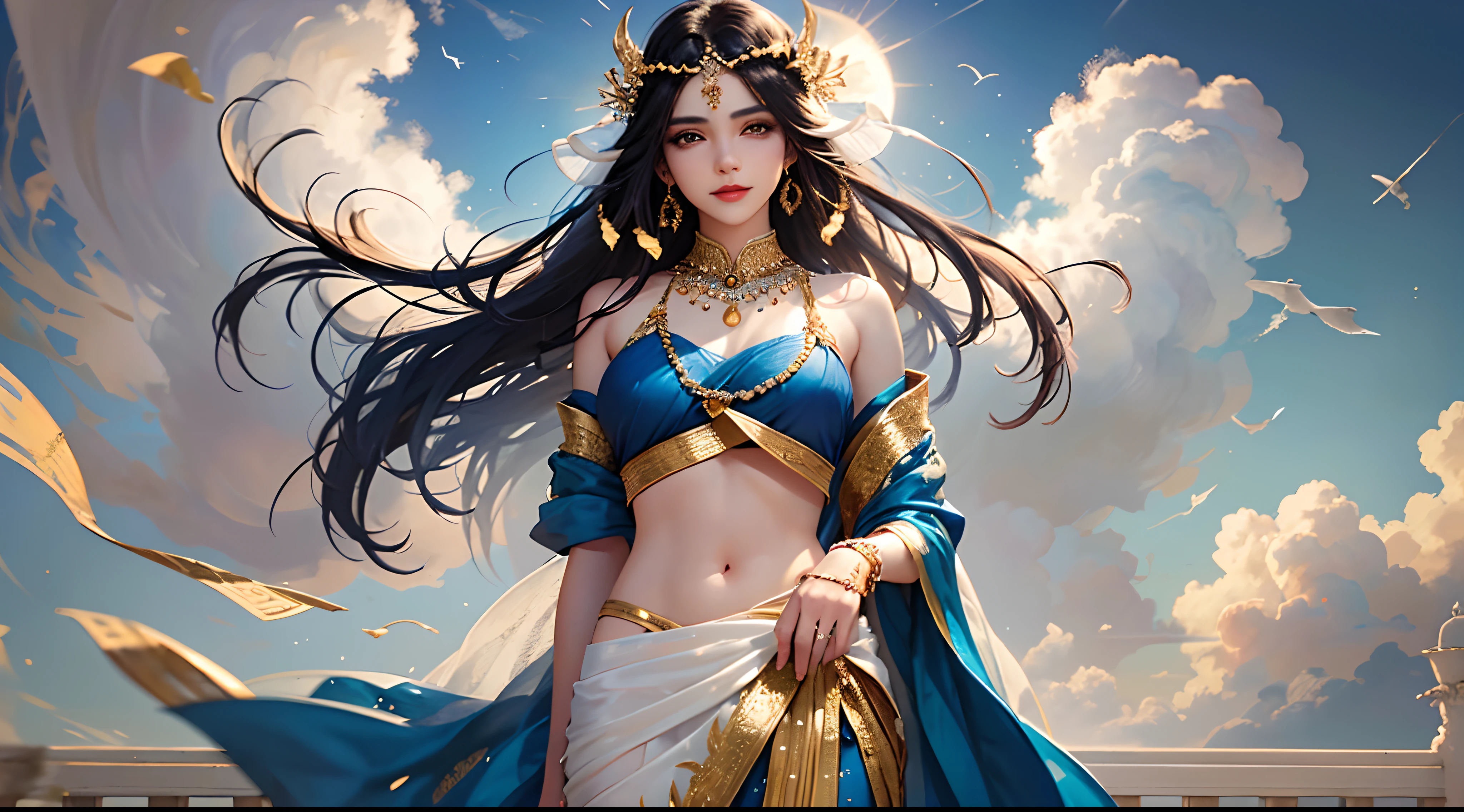 one very beautiful girl wearing blue sari, standing on balcony of beautiful mysterious white palace in top of the sky, palace in top of clouds, long black hair, very beautiful white teen girl, red lipsticks, complex designed sari, alone teen girl, smiling, black hair, wind blowing hair, front view, chubby teen girl, very beautiful white color skin, fully white color body, pure white skin tone, Indian origin, king's daughter, wearing heavy 24k pure gold made ornaments, gold glittering, full body view, joyful teen girl, fabulous, romantic, lovely, outdoor, highly detailed, daylight, cloudy sky, stormy air, birds flying in the sky