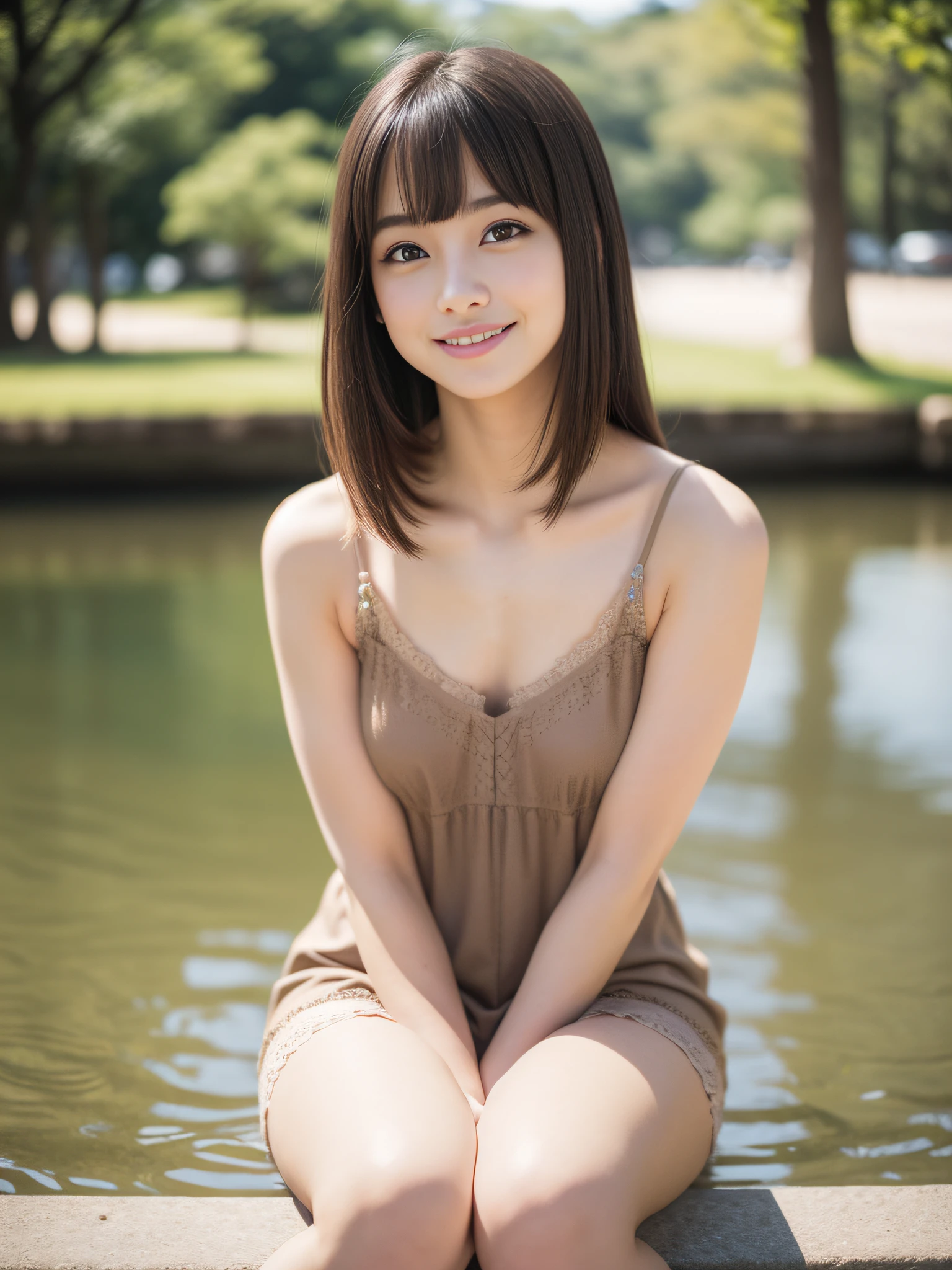 NSFW, (masterpiece), (highest quality), super detailed, incredibly high resolution, 8k, 1 Japanese female, 25 years old, slim, black straight hair, short cut hair, sheer bangs hair, flat chest, small nipples, wheat-colored skin, narrow dark brown eyes, round nose, (round face:1.4), Flat-shaped face, (((topless))), screaming white bottom bikini, sit on a rock in a pond, spread your legs, looking at the viewer, photo sculpture, fun, smile