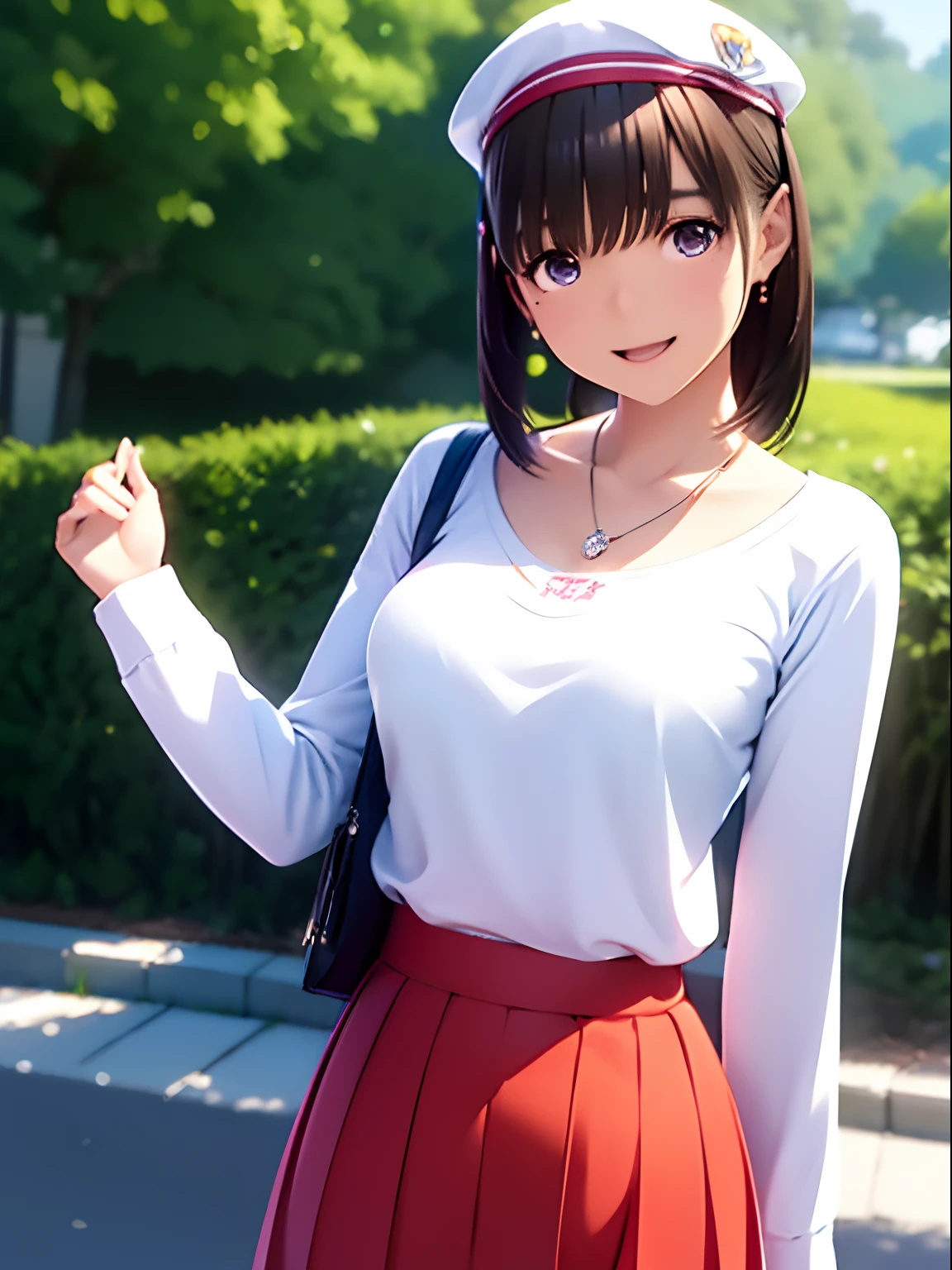 hight resolution,8K,Best Quality,detaileds,semi - realistic anime,Anime 3D Style,Smooth Anime CG,1 girl in,20 year old woman in Japan,slim,modeled,shiny chestnut hair,Medium Hair,Detailed face,Beautiful and detailed eyes,Glowing skin,(Long sleeve top、long  skirt),earring beautiful,a necklace,Wearing a cap,tag, with light glowing, plein air, (a street:0.8), (a person, Large crowds:1),Beautiful details sky, (dynamicposes:0.8),Hard Focus、film grains,Soft lighting,the wind,looking at the viewers,Smile with open mouth