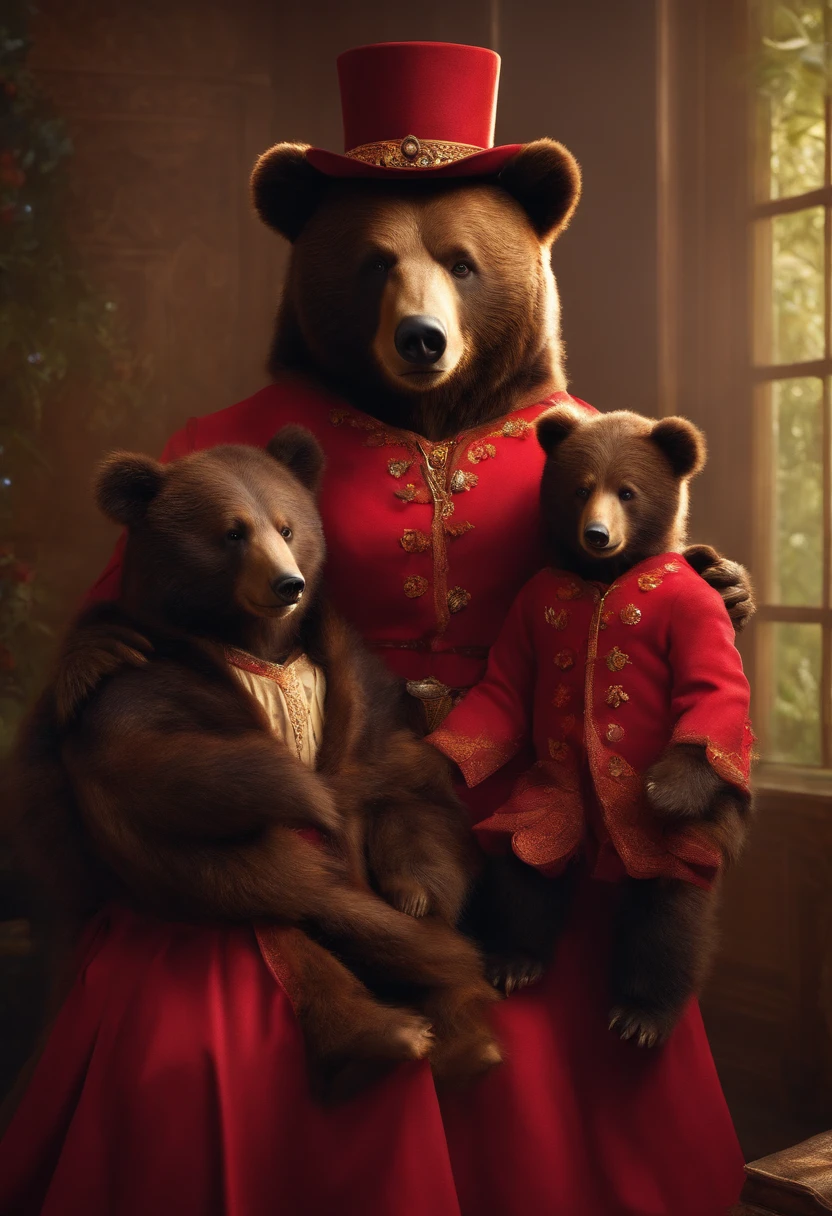papa bear, mama bear, baby bear, in human outfit