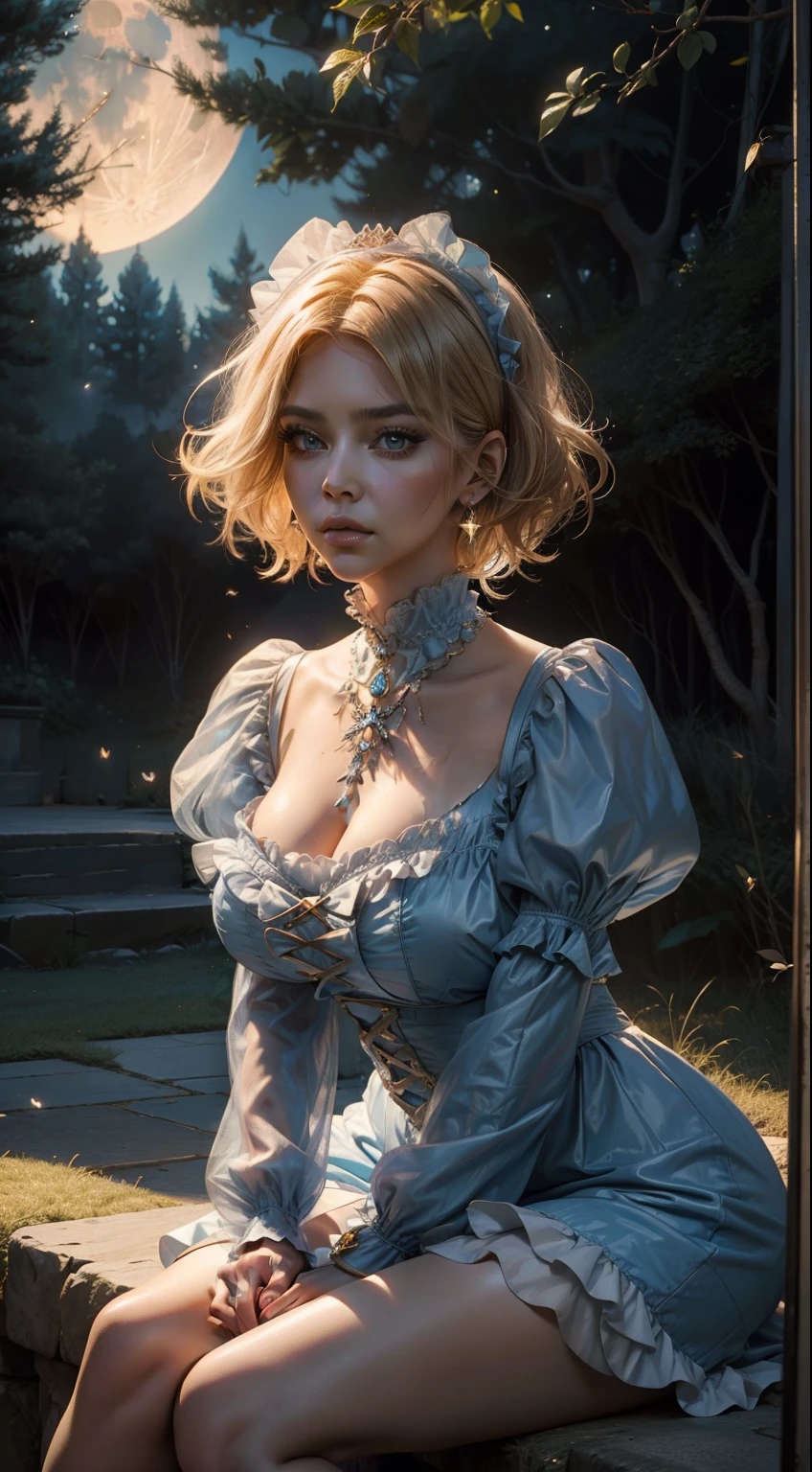 ((Superior quality, portraits, masterpieces, 8K wallpapers: 1.3)), girl with short wavy blonde hair (((SHORT HAIR))), glowing eyes like diamonds, sitting under the moon, purple noen butterflies surrounding her, golden hour, perfect shadows and scolding through the trees. Covered dress, light blue Victorian with ruffles and jewelry. Kim Kardashian and khloe Kardashian  face face. Bimbo look. Exposed body.
