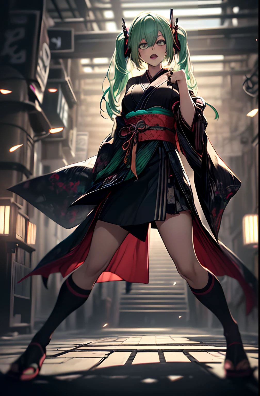 Full body、Japanese dress、Kimono Dresses、long、miku hatsune、Green hair、Twin-tailed、Ahegao ( Silly / Sexual ecstasy)、Cross-eyed、Stranger、View other people、Blunt bangs、 over-kneehighs,Ahegao , Silly,Sexual ecstasy,Drunken eyes,Blunt bangs, Green hair,(masutepiece:1.2, Best Quality), (finely detailed beautiful eye: 1.2), (Detailed background,Dark Fantasy), (beautifull detailed face), High contrast, (Best Illumination, extremely delicate and beautiful), ((Cinematic Light)), Colorful, Hyper Detail, Dramatic light, Intricate details,