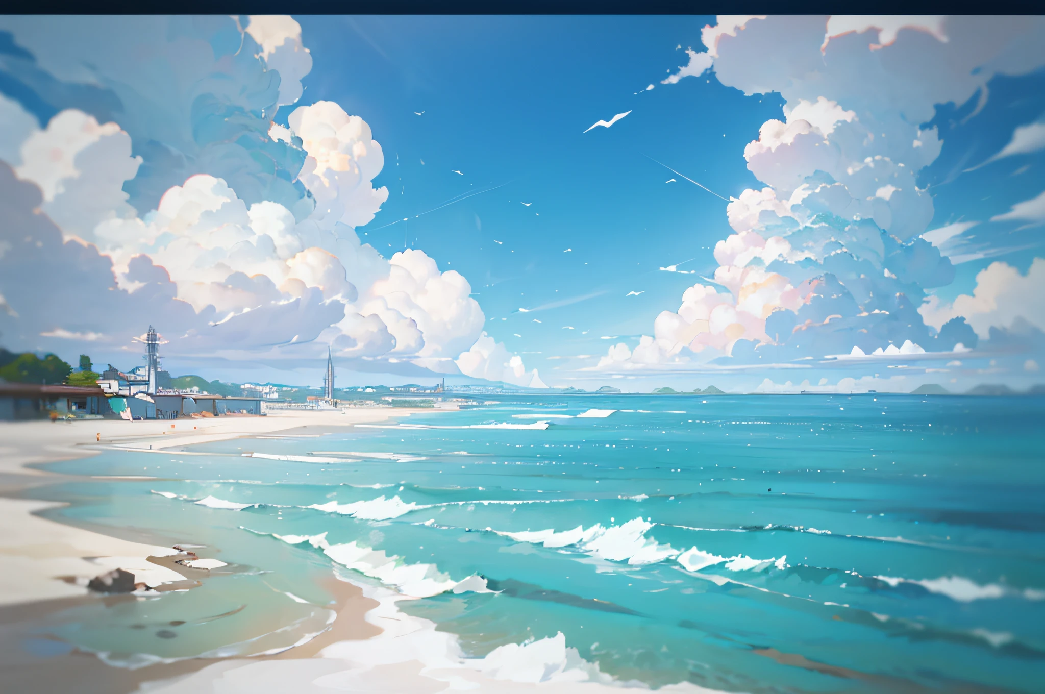 Ultra-detailed,Light blue sky,puffy white clouds,Beautiful animated sky,clear weather,Vivid colors,Anime style,Light and airy atmosphere,Wide-angle perspective,the ground looks up,28mm focal length,The sea and the sky are the same,The sea surface is connected to the sky,No land required,No need for characters