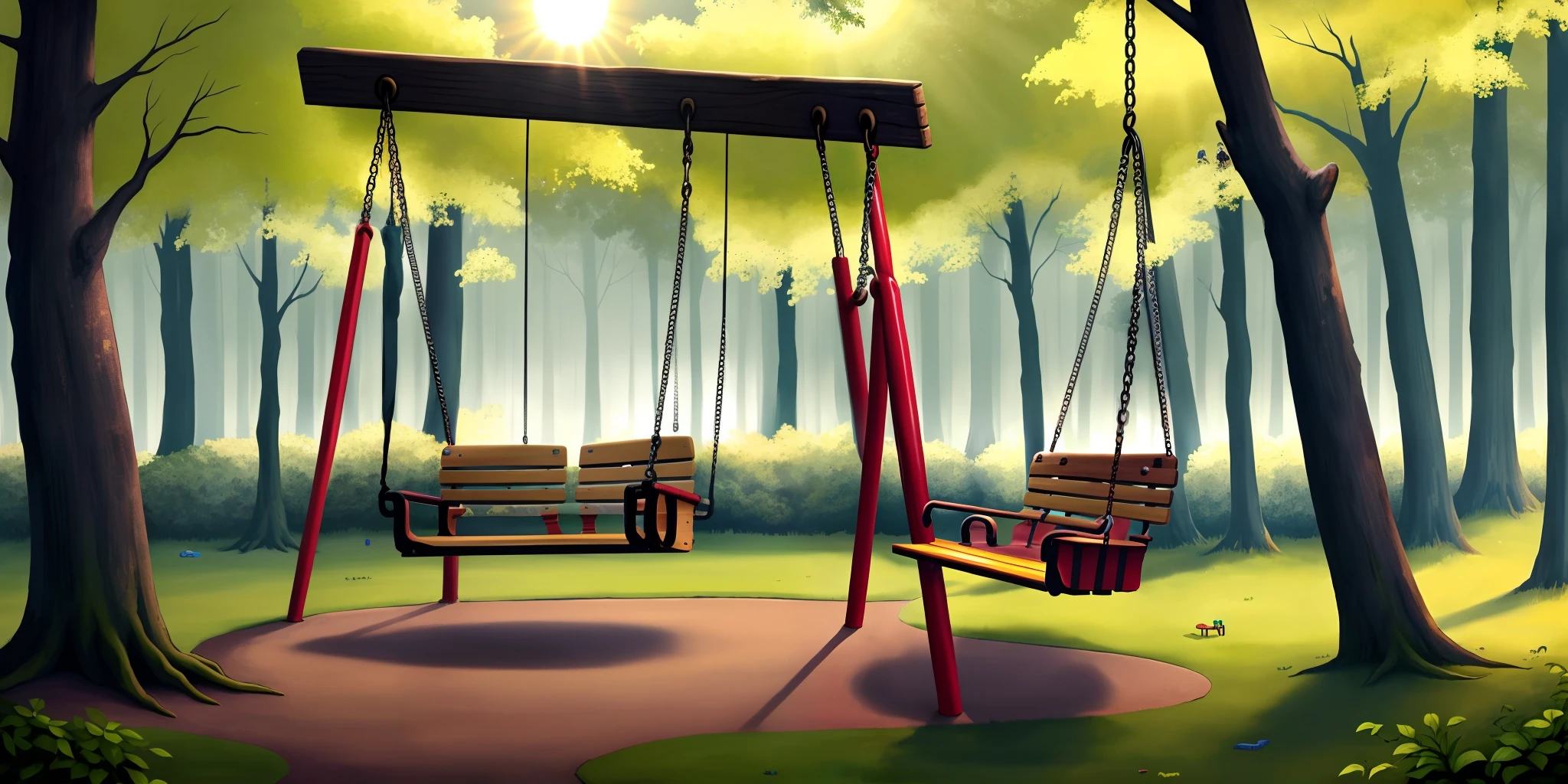 forgotten playground in the middle of a forest, its plastic toys warped and faded by the sun, a lonely swing swaying in the wind, as if waiting for someone who will never come.  64k quality no human population