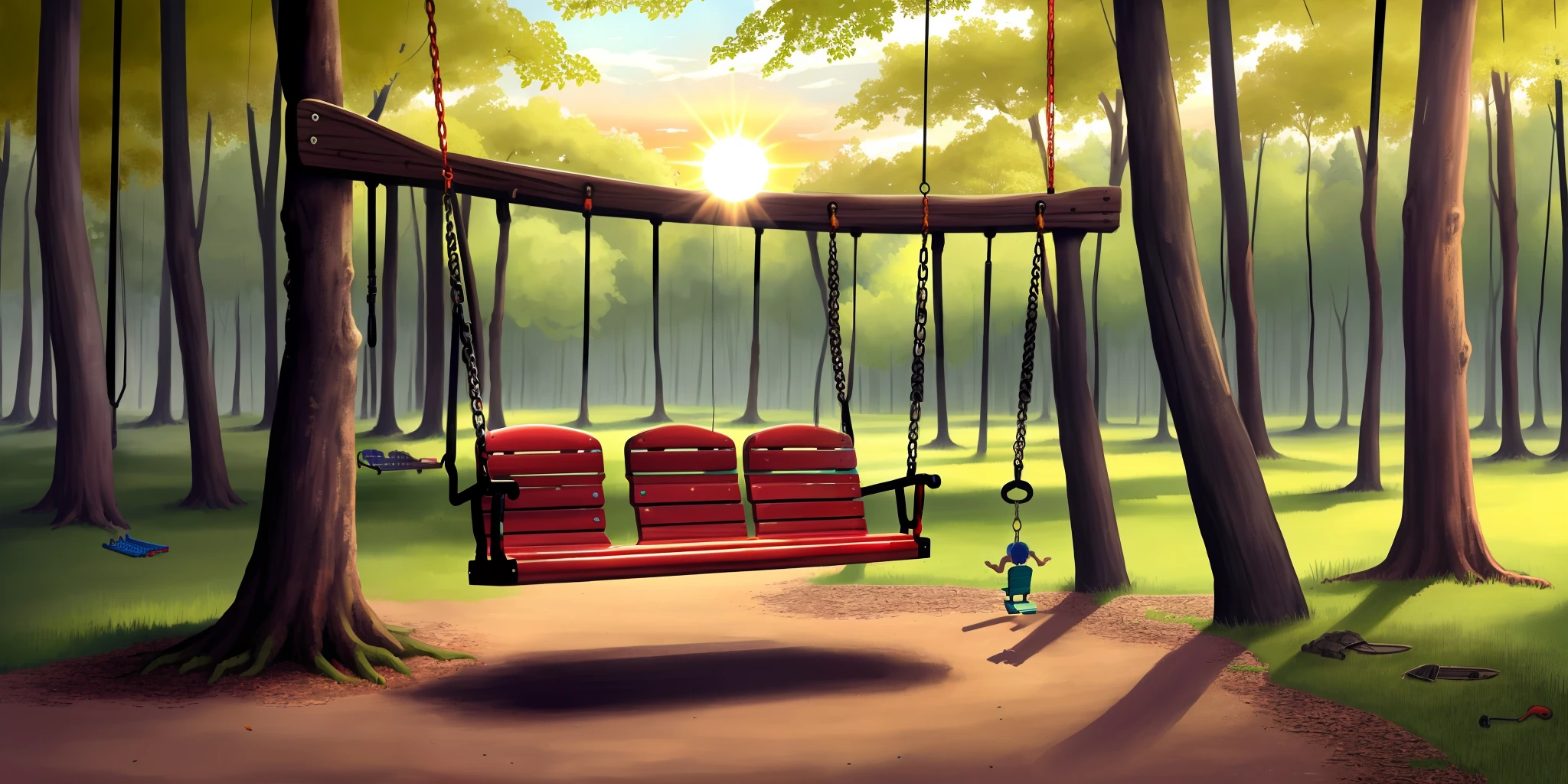 forgotten playground in the middle of a forest, its plastic toys warped and faded by the sun, a lonely swing swaying in the wind, as if waiting for someone who will never come. 64k quality no human population
