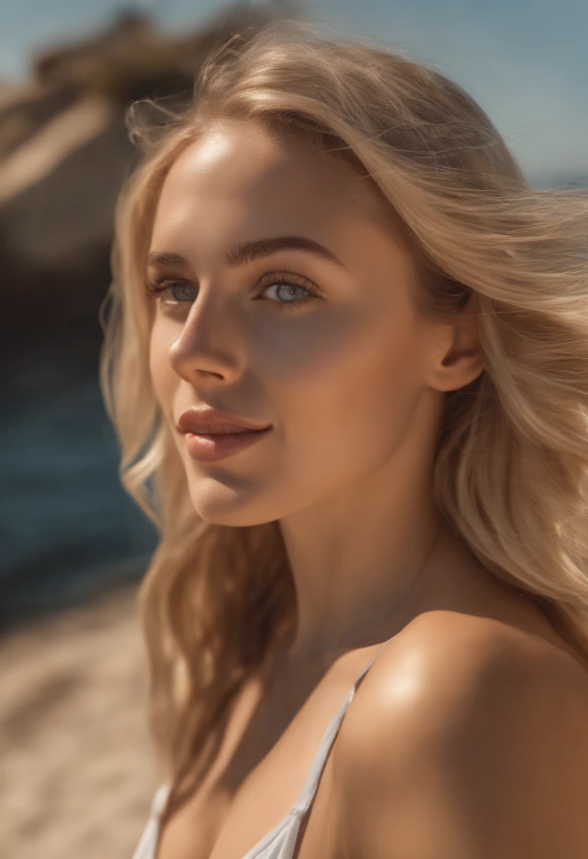 Arafed woman in full, sexy girl with blue eyes, ultra realistic, meticulously detailed, portrait of Sophie Mudd, blonde hair and big eyes, young woman selfie, bedroom eyes, violet myers, no makeup, natural makeup, looking directly at the camera, face with artgram, subtle makeup, stunning full body shot standing in front of the camera, is on the beach and in the distance you can see the ocean,  large bust size