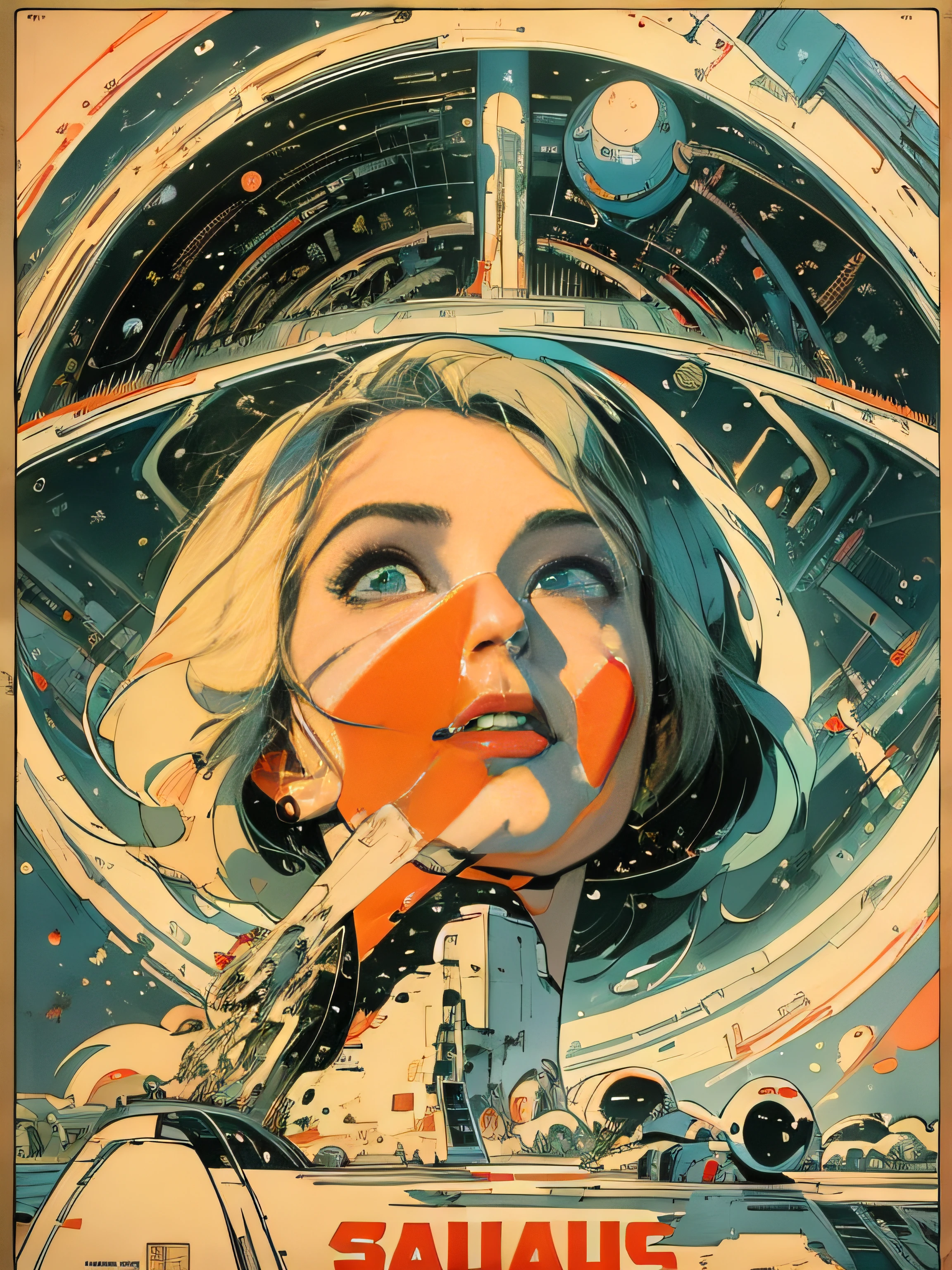 (Masterpiece, Best Quality), 8k Wallpaper, highly detailed, poster, vintage science fiction, 1960s, 1 girl, 1 male, sexy female space thriller cinematic movie poster, Bauhaus, shapes, lines, abstract, propaganda, mid century modern, movie poster, vintage,