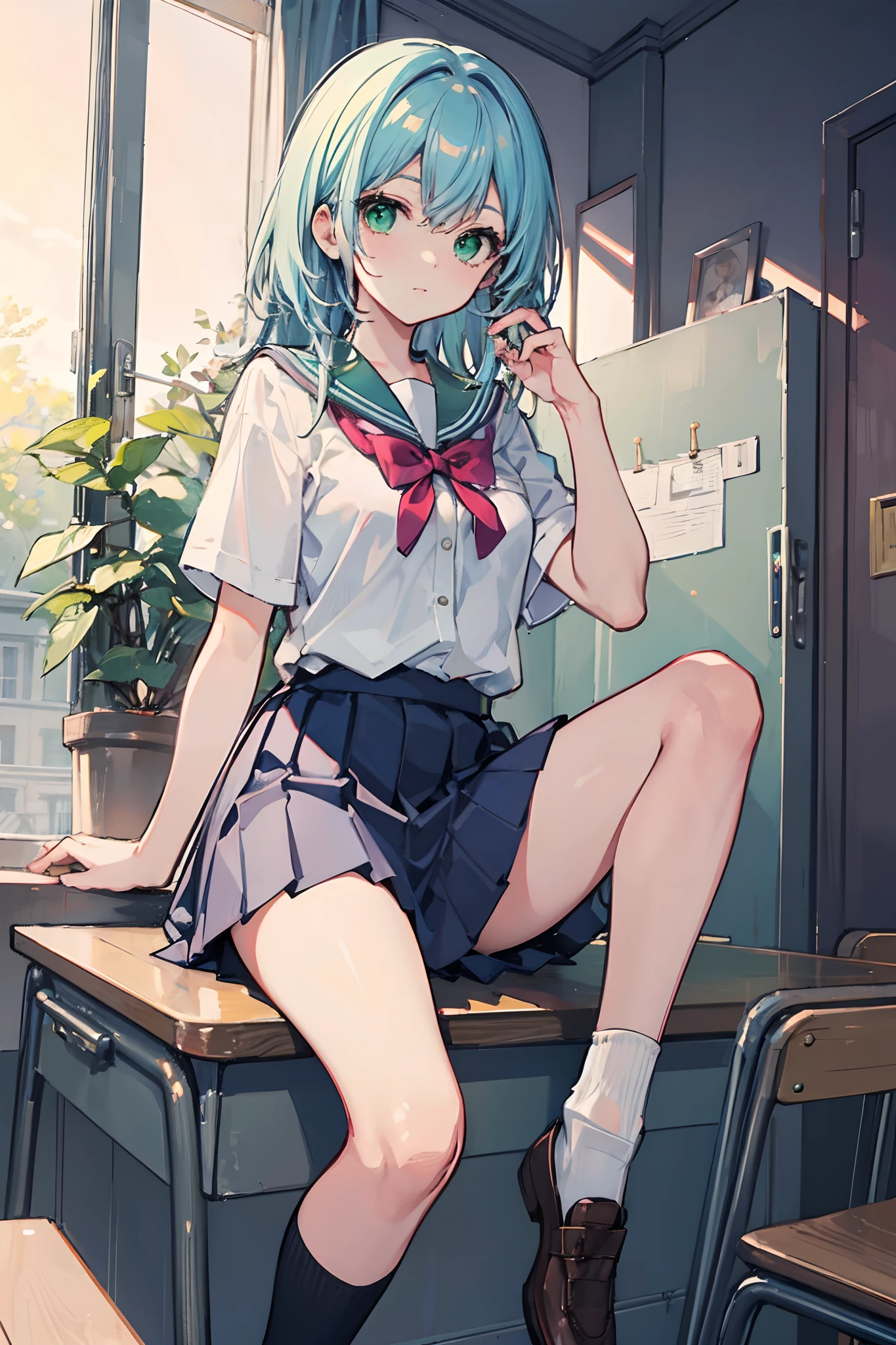 Masterpiece, Best quality, a beauty girl, hair over shoulders, Light blue hair, Green eyes, school uniform, Socks,
