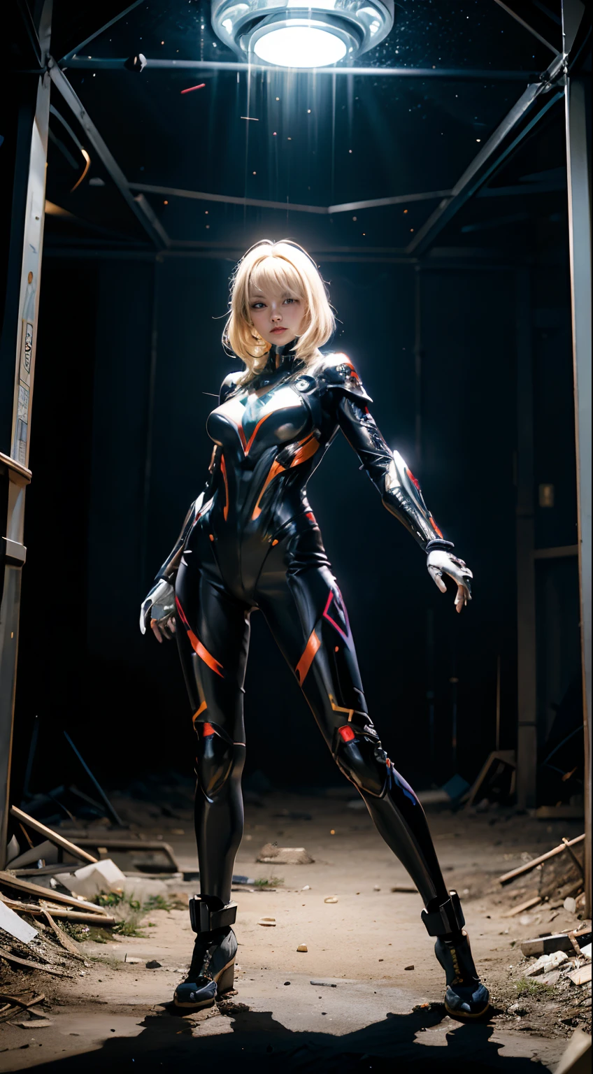 blond haired woman in a multi color and multi pattern costume. A logical costum. A shining, luminous costum ( apocalyptic ) ), cyber suit, inspired by every master artist combined. In high-definition 8 k, realistic cosplay future anime, cybersuit, futuristic style anime, perfect android girl, cybersuits. Bimbo look. Only fans beauty. (Show the full body. Dynamic arm pose)