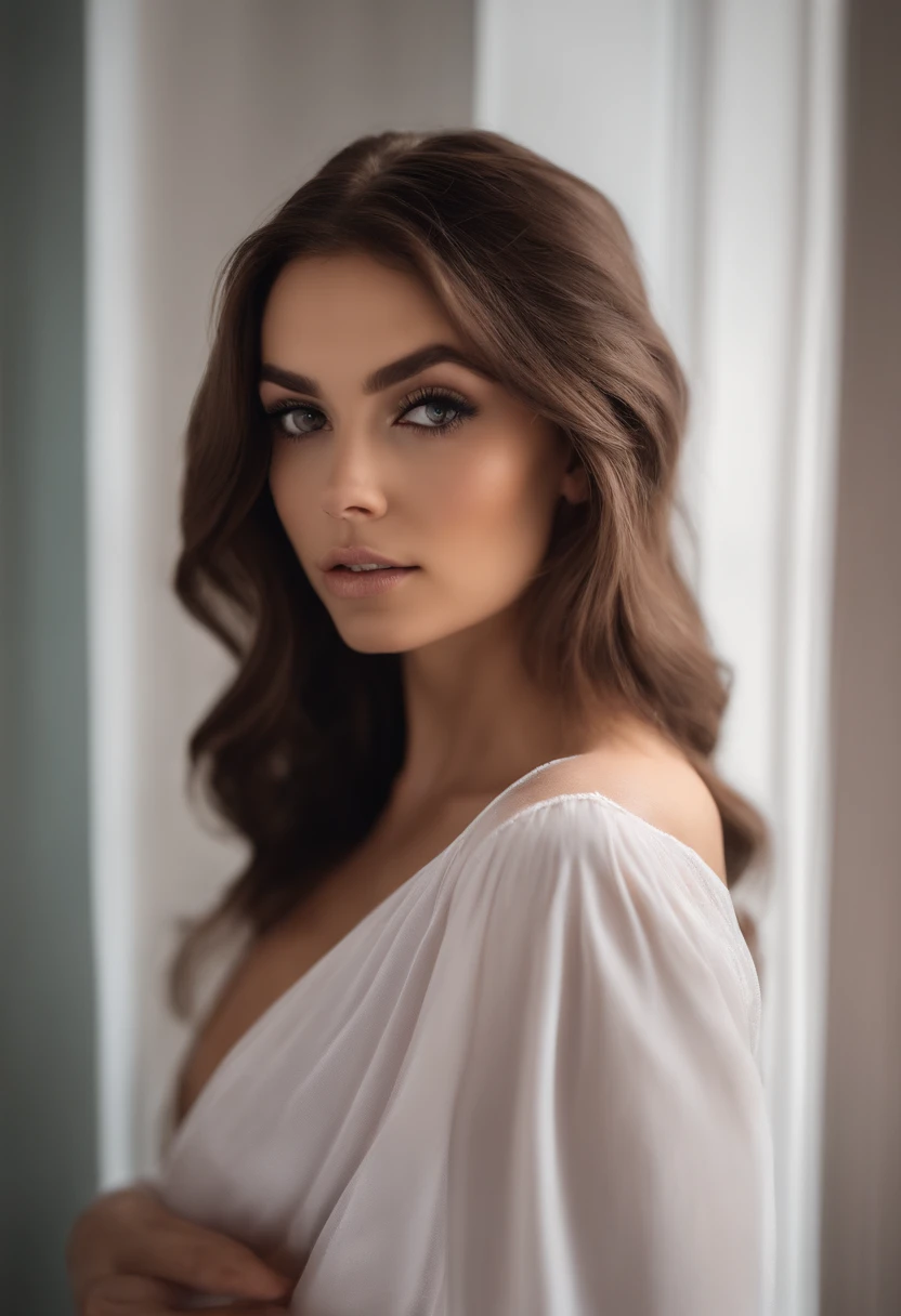 Arafed woman with revealing bra, fille sexy aux yeux bruns, Portrait Sophie Mudd, cheveux bruns et grands yeux, selfie of a young woman, Yeux de chambre, Violet Myers, sans maquillage, maquillage naturel, looking straight at camera, Visage avec Artgram, Maquillage subtil, Superbe photo du corps entier, dans un bar sportif, clivage