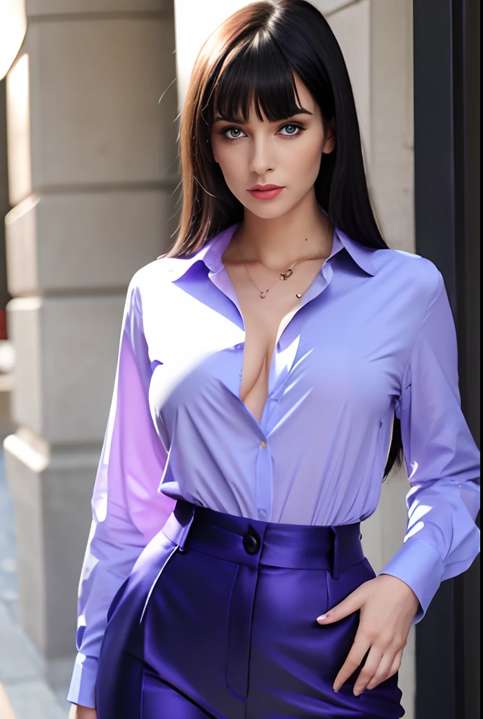 woman, black hair with bangs, blue eyes, thin nose, thick full lips, arched eyebrow, large breasts, very thin waist, wide hips, sensual body, lilac long sleeve button down shirt and neckline, purple pants, sensual blue eyes, serious look, deep eyes, attractive look, blue eyes