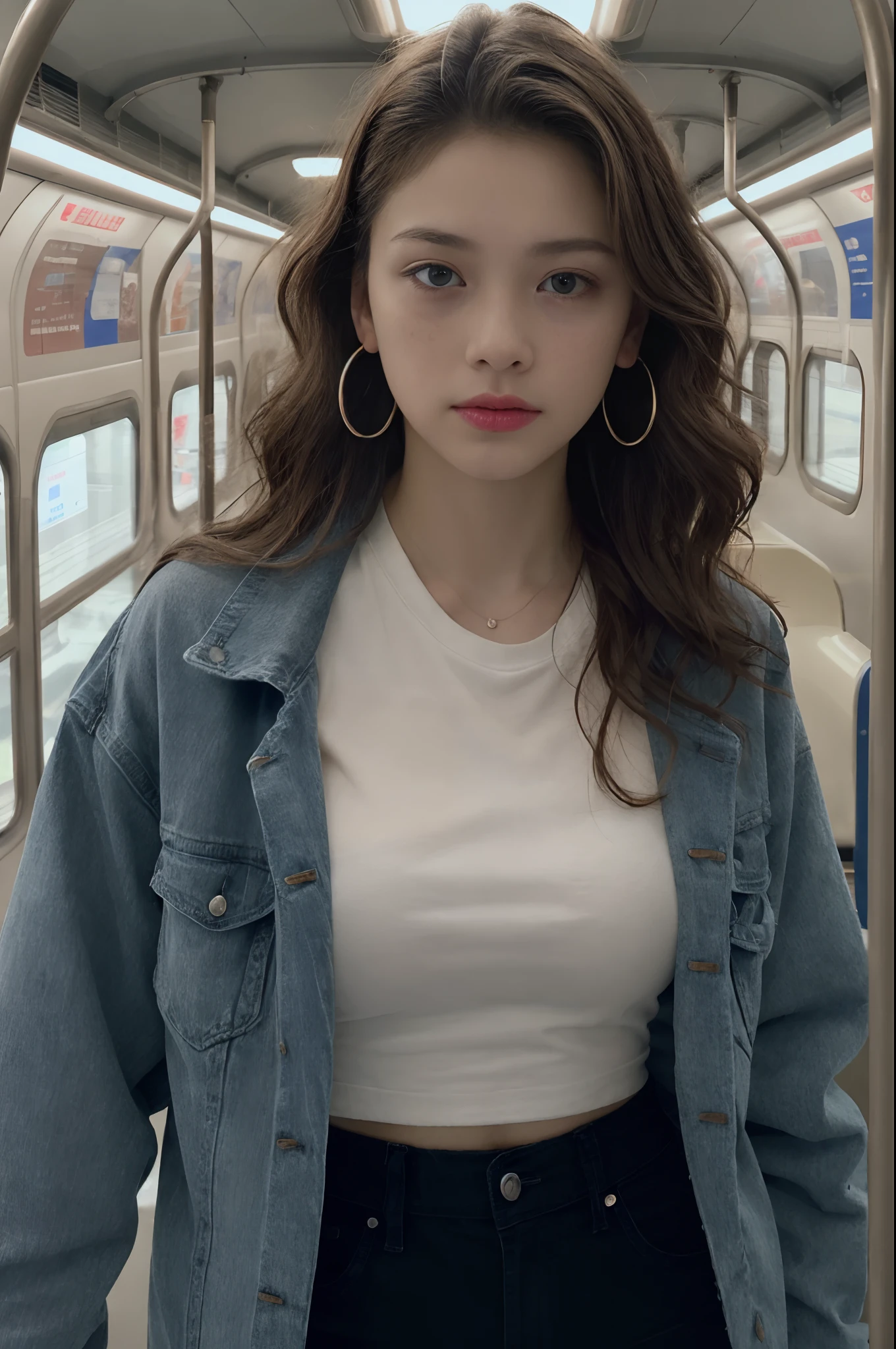 ((Pre-teen)), beautiful girl, freckles on her face, light blue eyes, big earrings, white t-shirt, jacket, black Leggings, full body, shot from below, very light skin, very long hair, wavy hair, red hair , busy subway car, photorealistic, Indirect lighting, volumetric light, ray tracing, hyper-detailed, best quality, ultra-high resolution, HDR, 8k