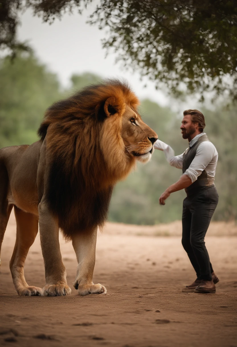1 man kicks a lion.
