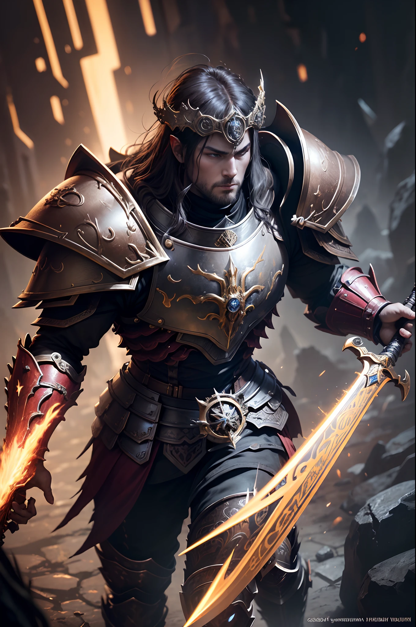 8K分辨率(full body Esbian:1.3)shots、splashart、Great cartoon style、Photorealistic and intense look、Male knight with fearless face,Anatomical Photorealistic Digital Painting(Adult male:1.3)Human portrait(AS-Adult:1.3)Red and gold complex(heavily armored:1.3)with the(Dark and moody universe:1.3)、light particules、highlydetailed skin、samurais、extremely detailed eye、 (Elden Ring-style:1.1)、(warhammer style:1.3)、Concept Artist、globalillumination、depth of fields、splashart、art by:ArtGerm、by Greg Rutkowsky、viktoria gavrilenko,Big Sword Details
