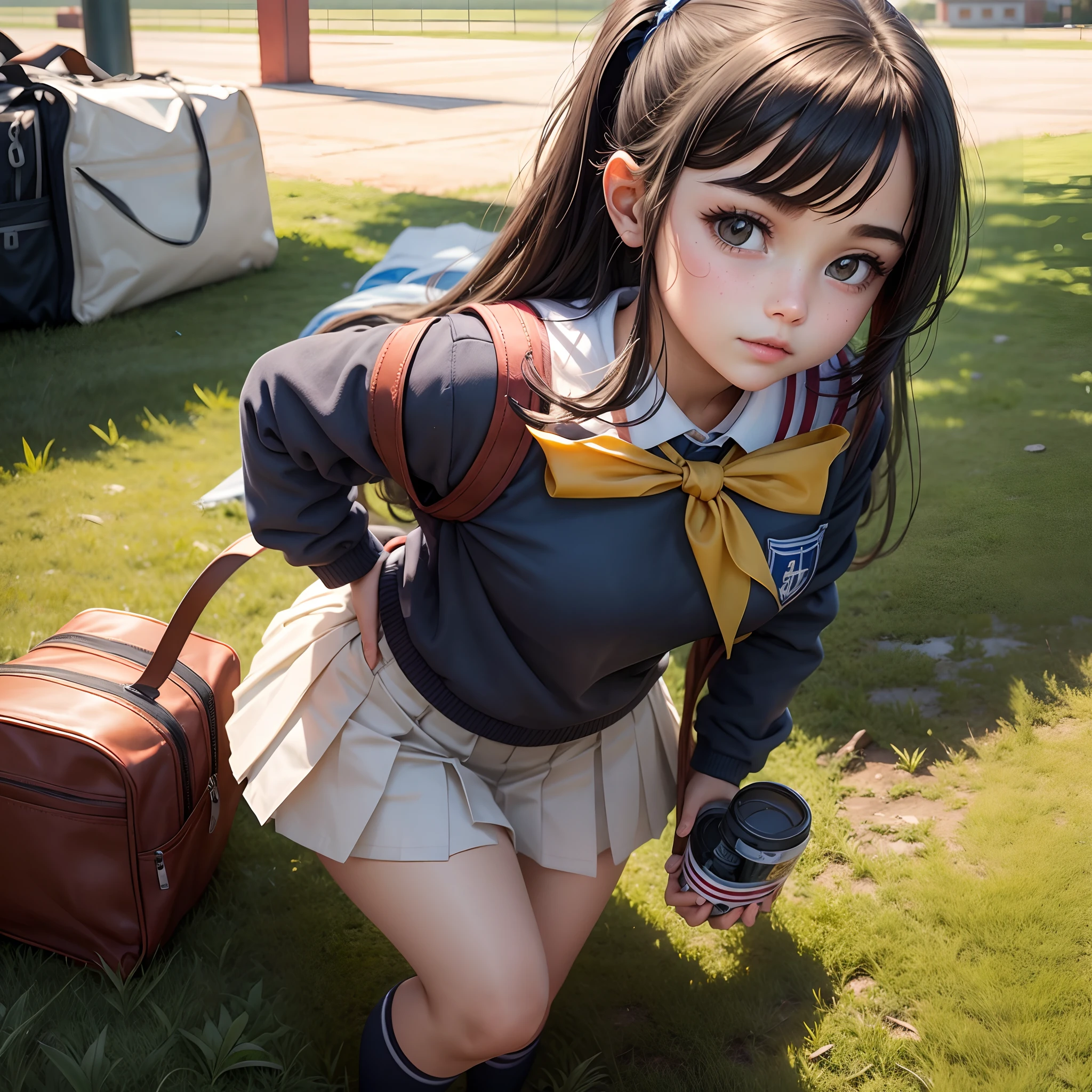 Under the blue sky and white clouds,at a forest,There was a girl walking