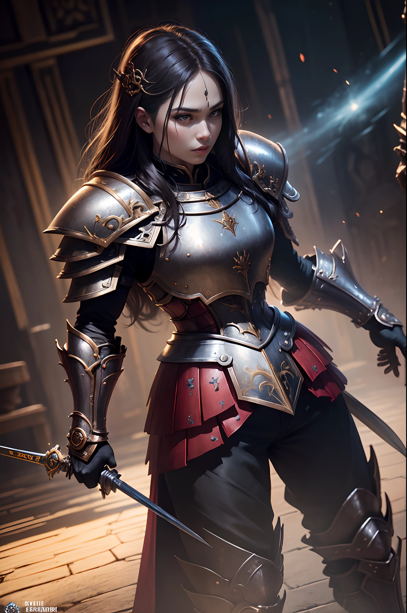 8K分辨率(full body Esbian:1.3)shots、splashart、Great cartoon style、Photorealistic and intense look、Male knight with fearless face,Anatomical Photorealistic Digital Painting(Adult male:1.3)Human portrait(AS-Adult:1.3)Red and gold complex(heavily armored:1.3)with the(Dark and moody universe:1.3)、light particules、highlydetailed skin、samurais、extremely detailed eye、 (Elden Ring-style:1.1)、(warhammer style:1.3)、Concept Artist、globalillumination、depth of fields、splashart、art by:ArtGerm、by Greg Rutkowsky、viktoria gavrilenko,Big Sword Details