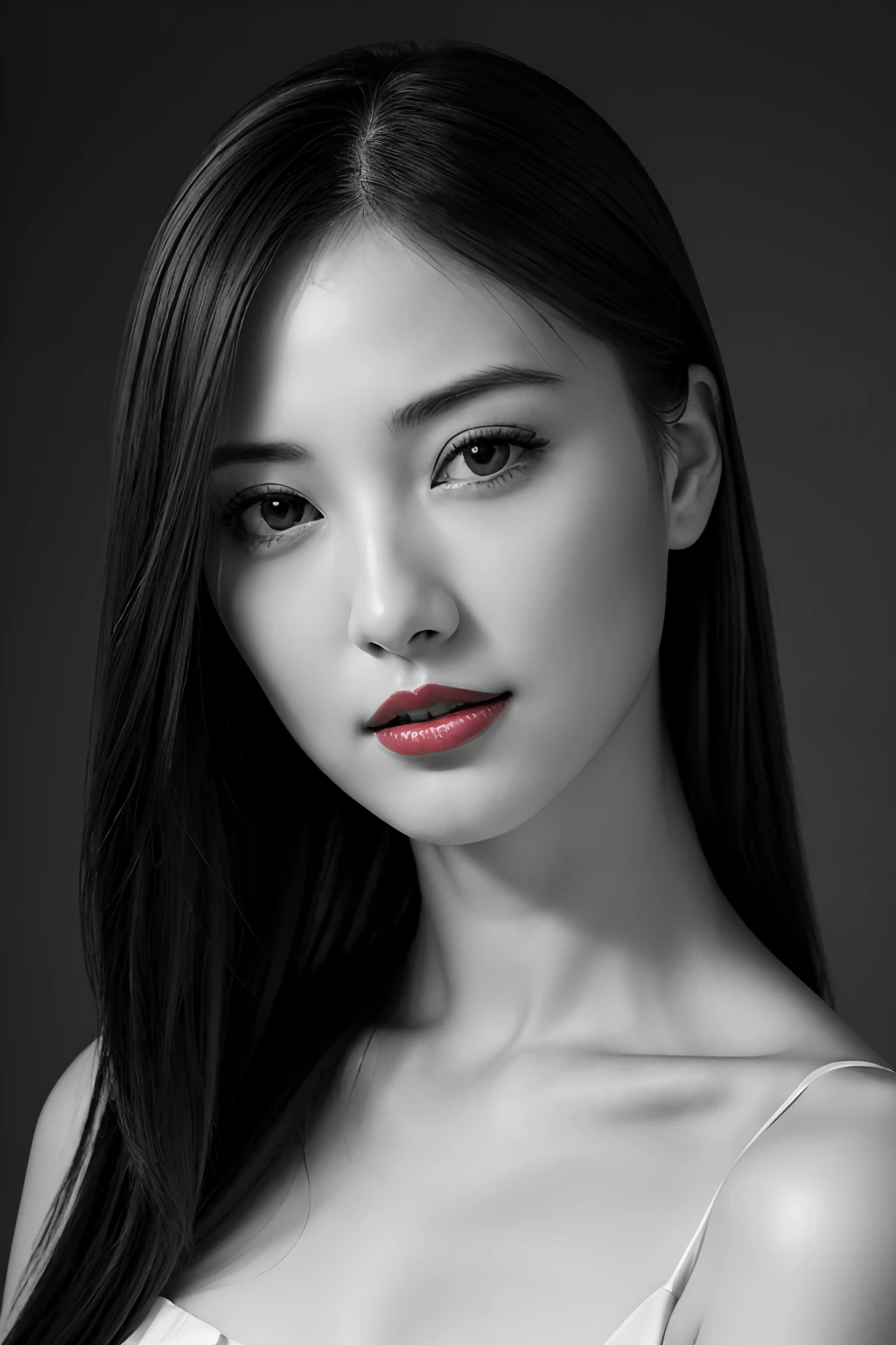 masutepiece, Best Quality, Photorealsitic, Ultra-detailed, finely detail, hight resolution, 8k wallpaper, Professional, high level of detail, ((Monochrome photography)), 1girl in, ((Facing the front)), ((Vermilion lips)), Detailed clavicle, face perfect, straight haired