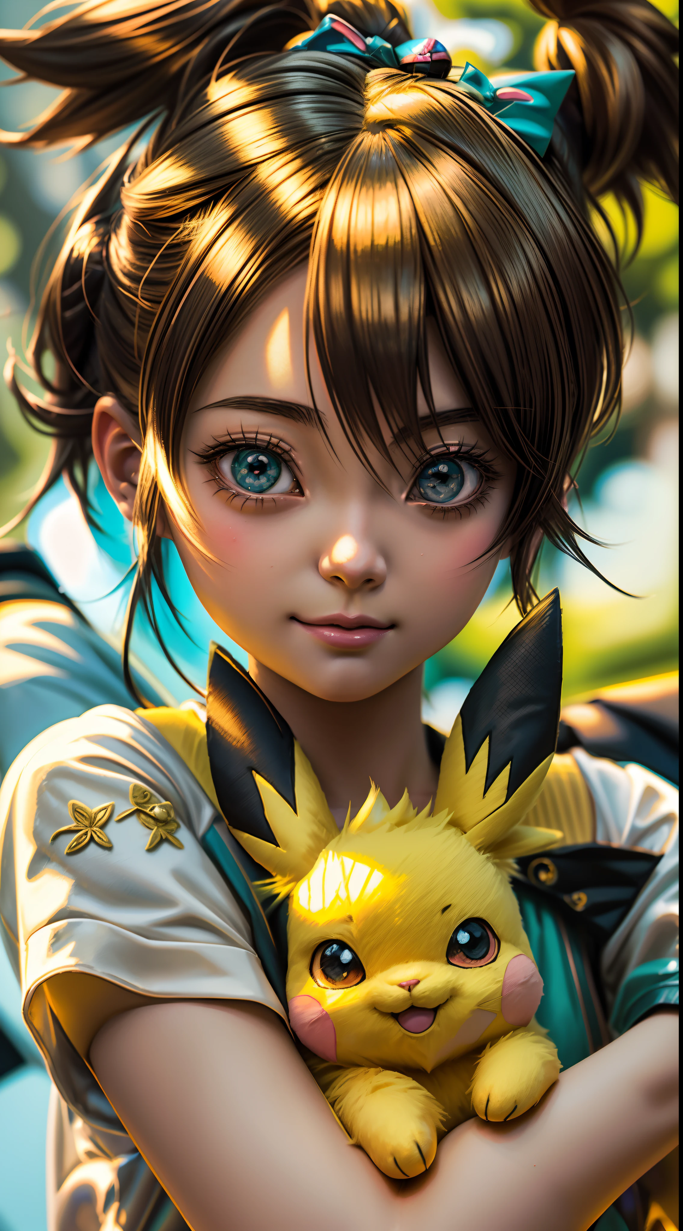 Anime girl with a cute pikachu holding a stuffed animal, Misty from Pokemon, Estilo de anime 3D realista, anime hiper realista, 3 d anime realista, Arte de anime realista, illustration pokemon, painting digital adorable, anime fotorrealista |, realistic anime art style, Estilo Realismo Anime, retratos bonitos da do anime, menina bonito, menina animea, anime altamente detalhado, Eevee