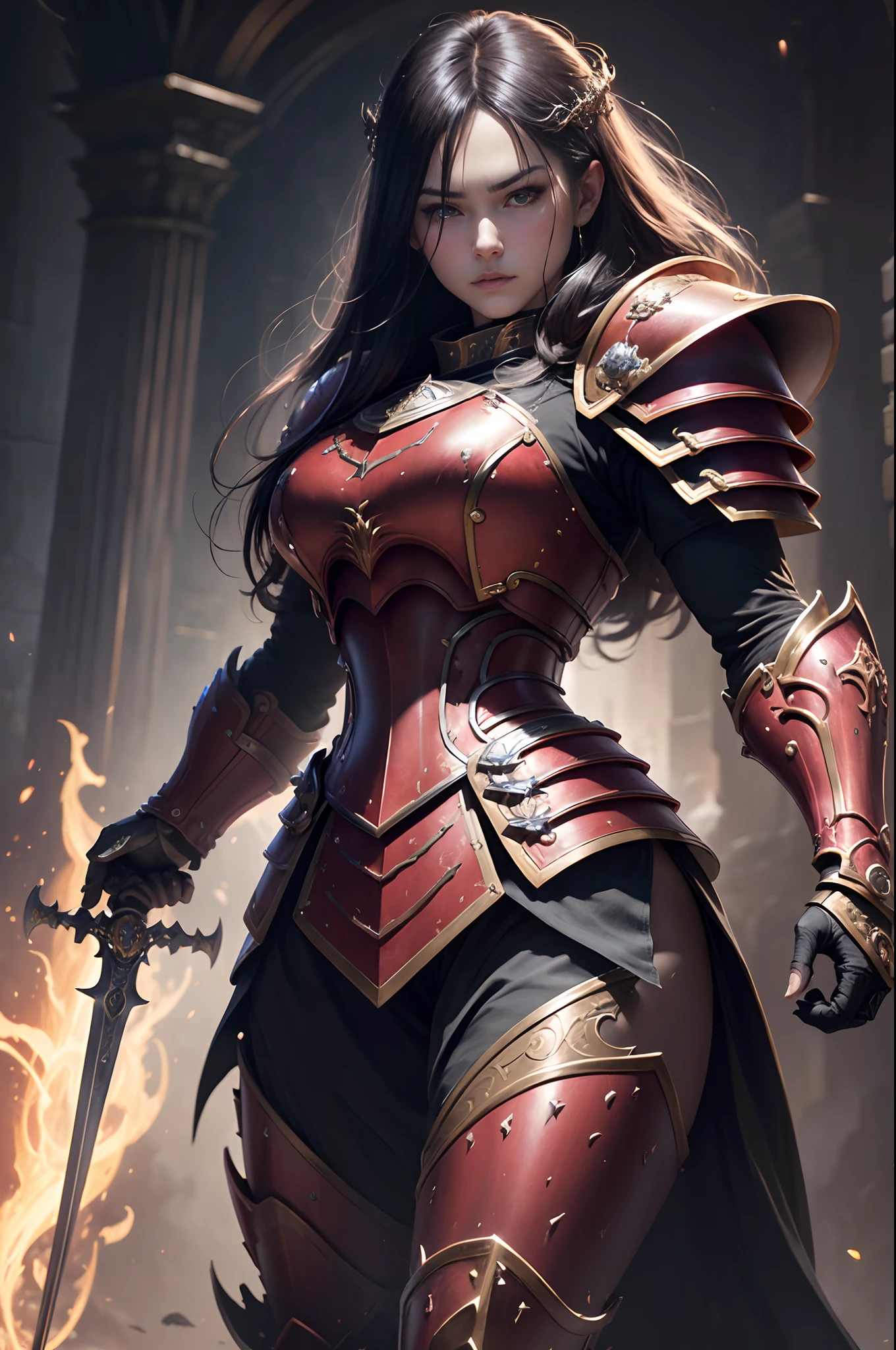 8K分辨率(full body Esbian:1.3)shots、splashart、Great cartoon style、Photorealistic and intense look、Male knight with fearless face,Anatomical Photorealistic Digital Painting(Adult male:1.3)Human portrait(AS-Adult:1.3)Red and gold complex(heavily armored:1.3)with the(Dark and moody universe:1.3)、light particules、highlydetailed skin、samurais、extremely detailed eye、 (Elden Ring-style:1.1)、(warhammer style:1.3)、Concept Artist、globalillumination、depth of fields、splashart、art by:ArtGerm、by Greg Rutkowsky、viktoria gavrilenko,Big Sword Details