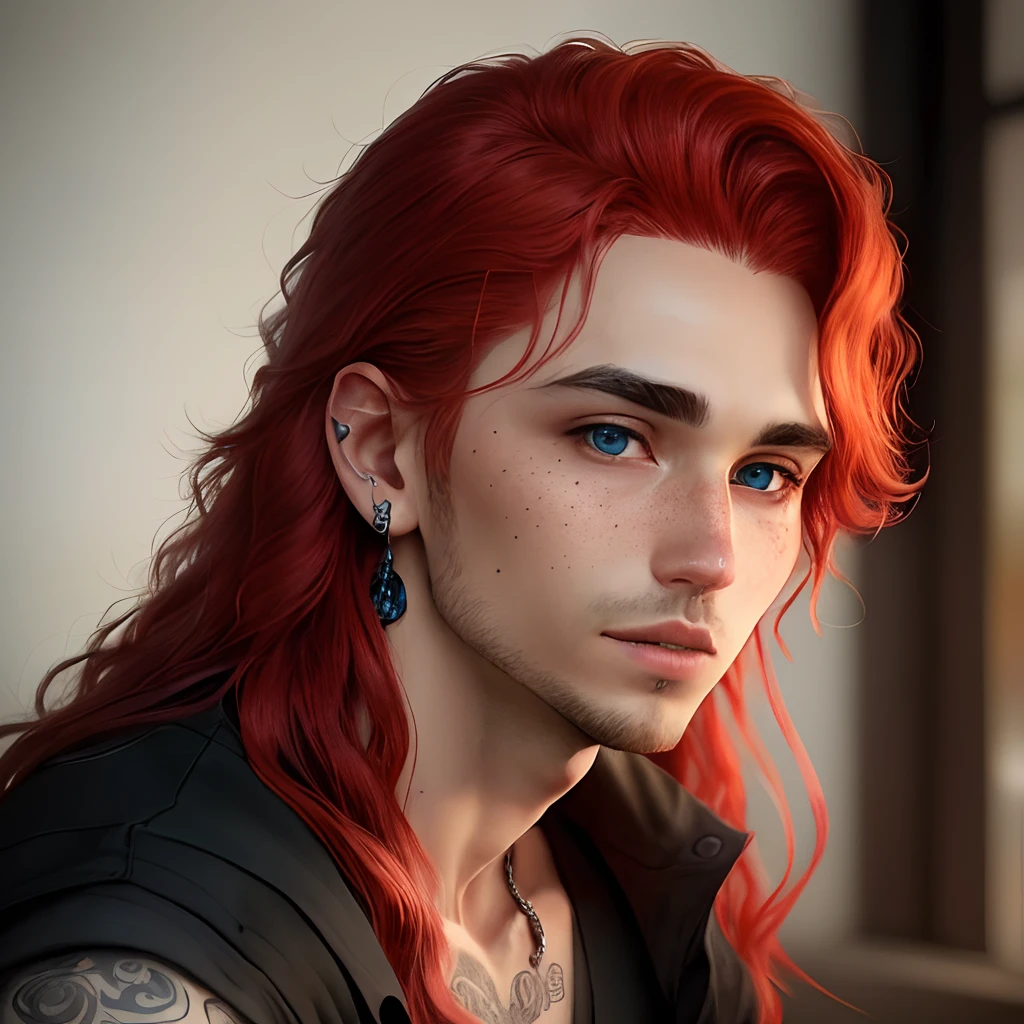 a 30-year-old, half Russian and half Japanese, with long red hair and freckles in the cheekbone area, with blue eyes and some small moles around his face, dos piercings en los labios y un tatuaje un poco debajo de su cuello, His style manages to be gothic and elegant at the same time
